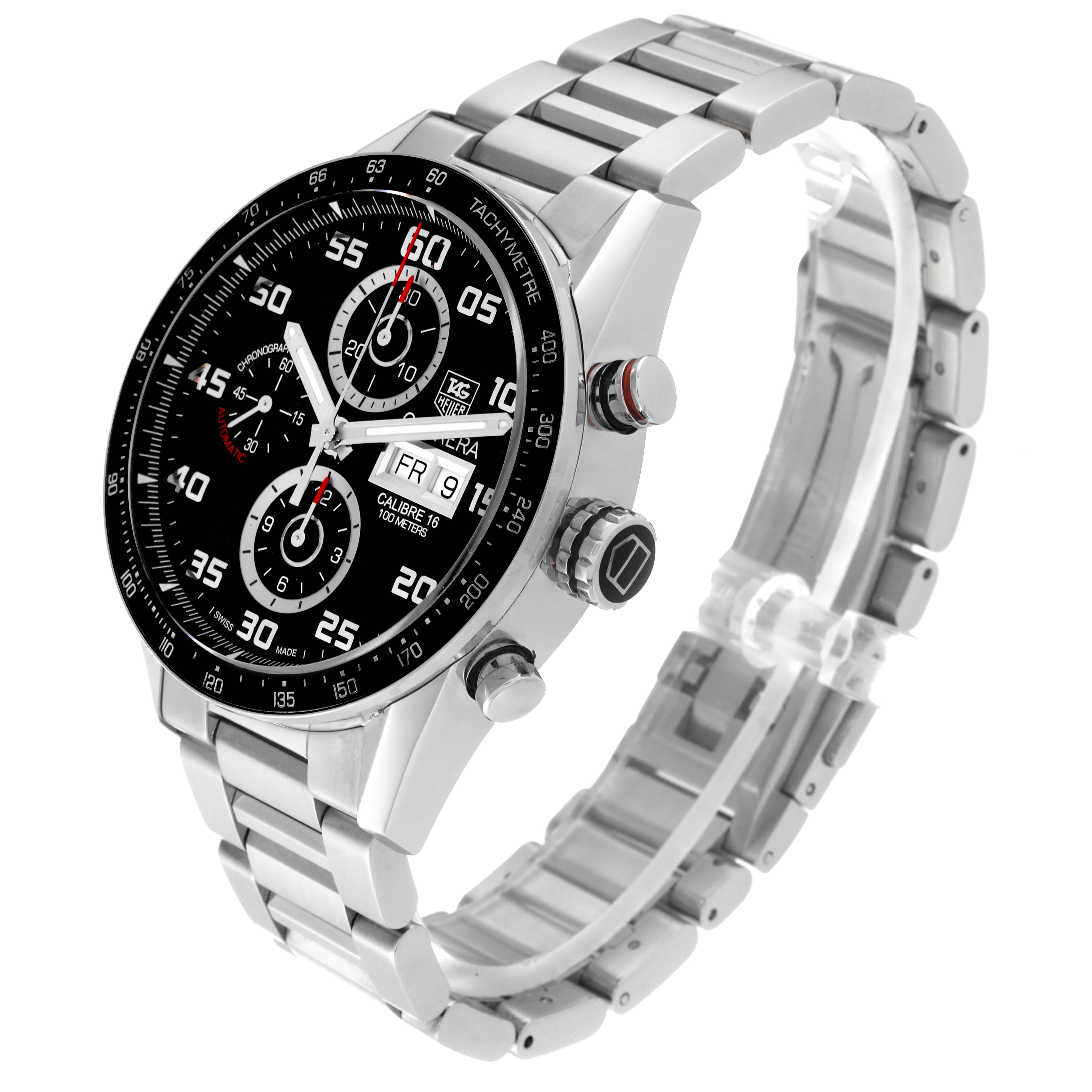 The image shows a Carrera model by Tag Heuer from a three-quarter angle, highlighting the face, dial, and metal bracelet.