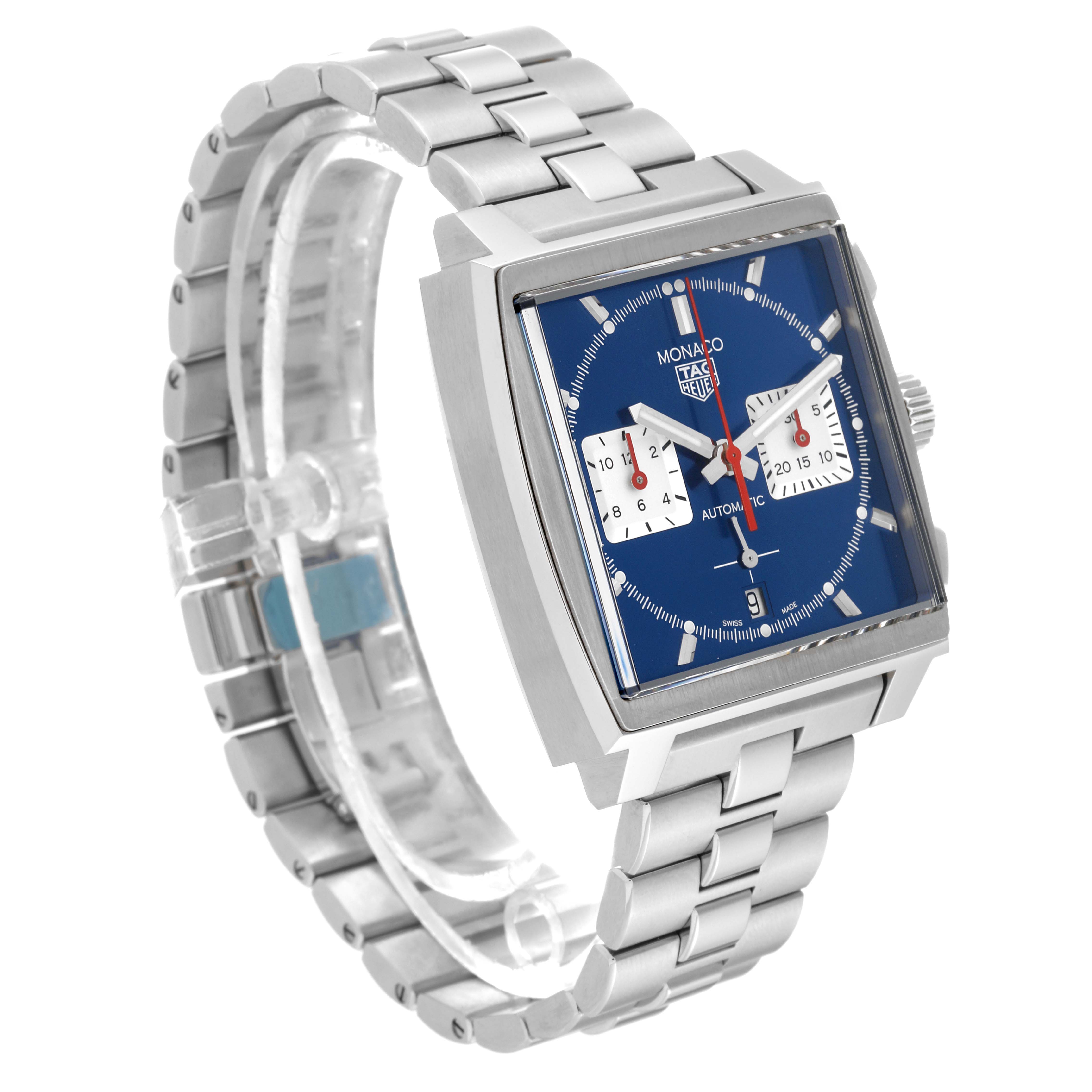 The Tag Heuer Monaco CBL2111.BA0644 Men
s Stainless Steel Blue Dial CBL2111.BA0644 Men
s Stainless Steel Blue Dial watch is shown at a three-quarter angle, displaying its square face, blue dial, and metal bracelet.
