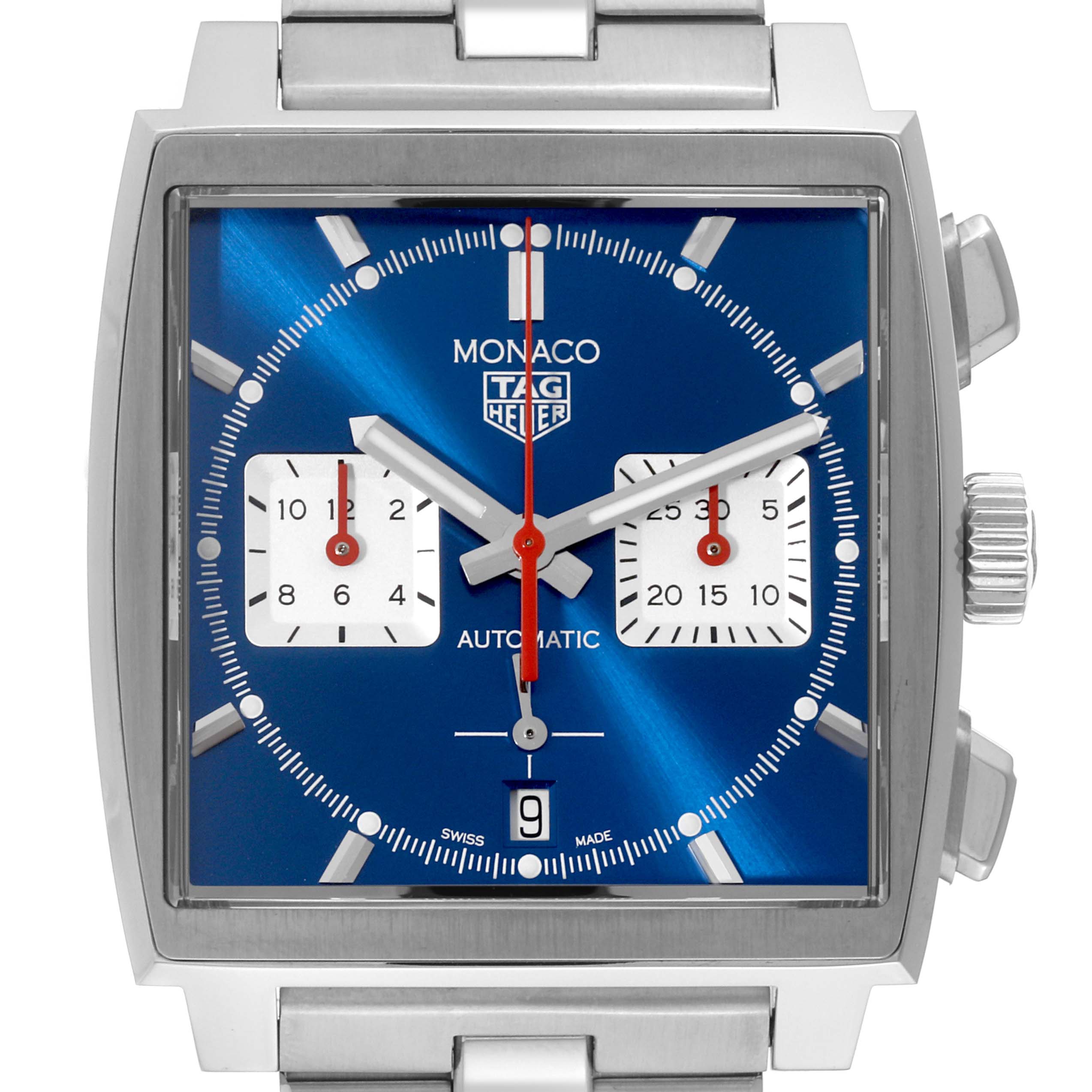 The Tag Heuer Monaco CBL2111.BA0644 Men
s Stainless Steel Blue Dial CBL2111.BA0644 Men
s Stainless Steel Blue Dial watch is shown from the front, featuring its square blue dial, two subdials, and a date window.