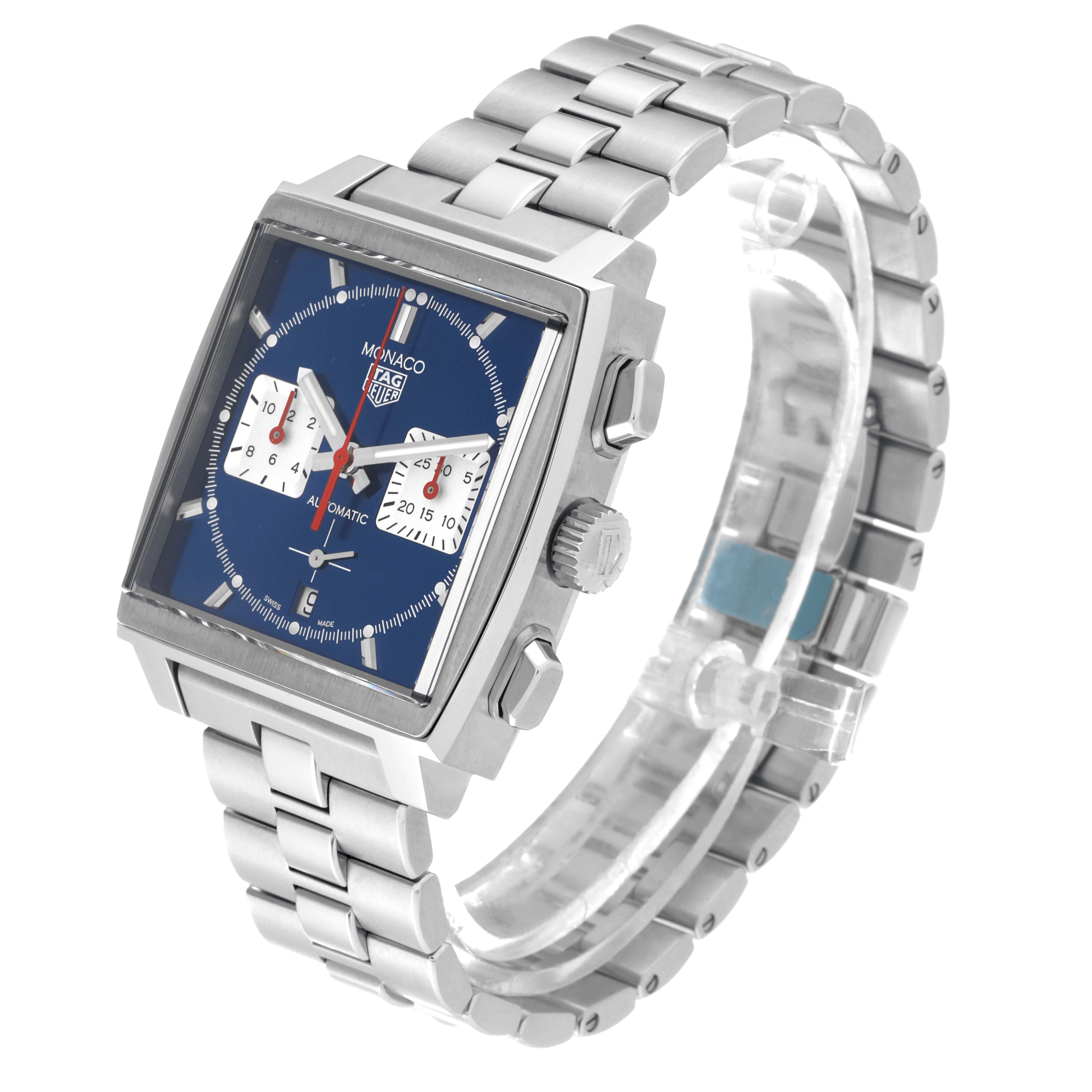 The Tag Heuer Monaco CBL2111.BA0644 Men
s Stainless Steel Blue Dial CBL2111.BA0644 Men
s Stainless Steel Blue Dial watch is shown at a three-quarter angle, displaying the face, bracelet, crown, and side buttons.