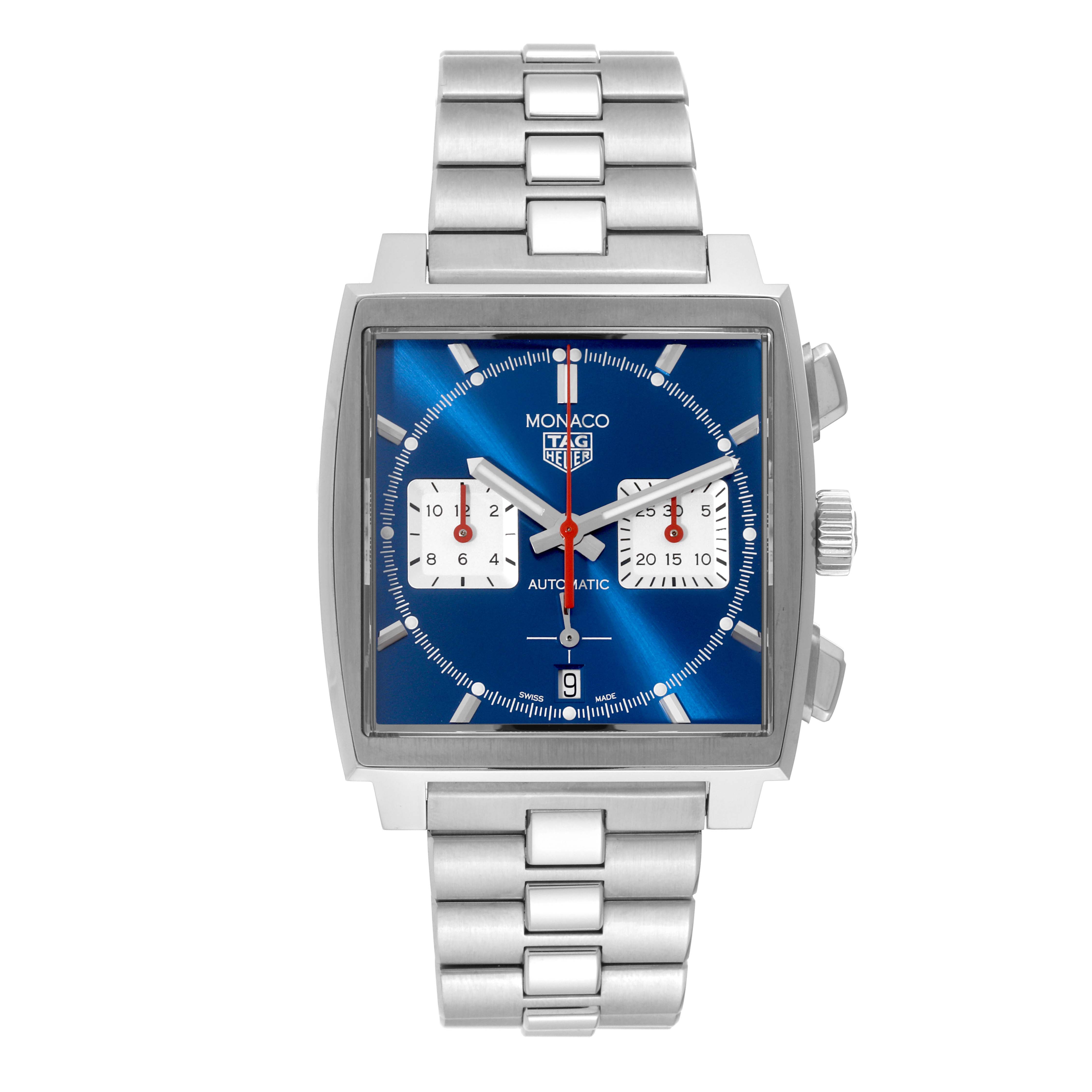 The image shows a front view of a Tag Heuer Monaco CBL2111.BA0644 Men
s Stainless Steel Blue Dial CBL2111.BA0644 Men
s Stainless Steel Blue Dial watch, displaying its blue dial and stainless steel bracelet.