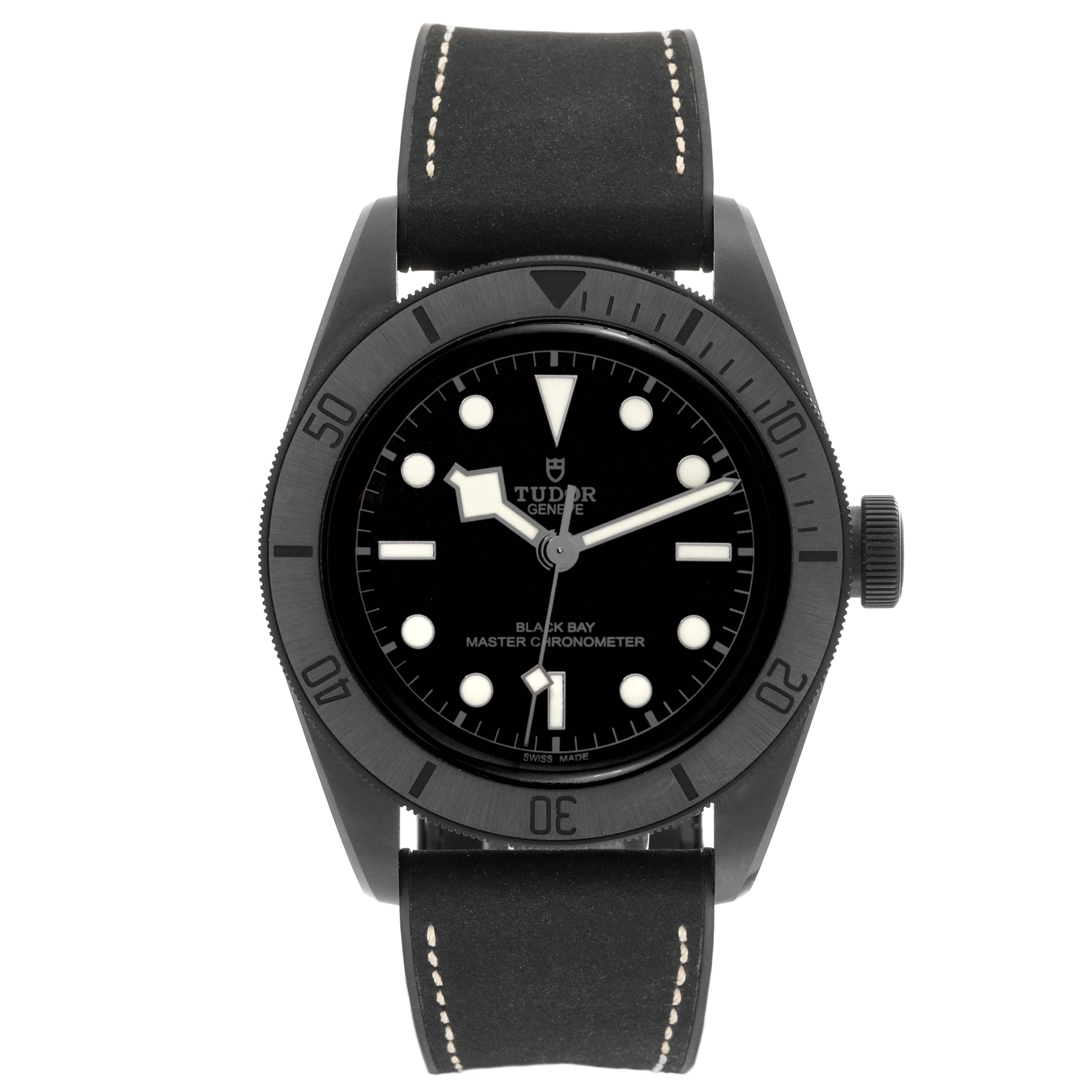 The watch is a Tudor Heritage Black Bay 79210CNU Men
s Ceramic Black Dial 79210CNU Men
s Ceramic Black Dial model, shown from the front, capturing the full dial and black strap.