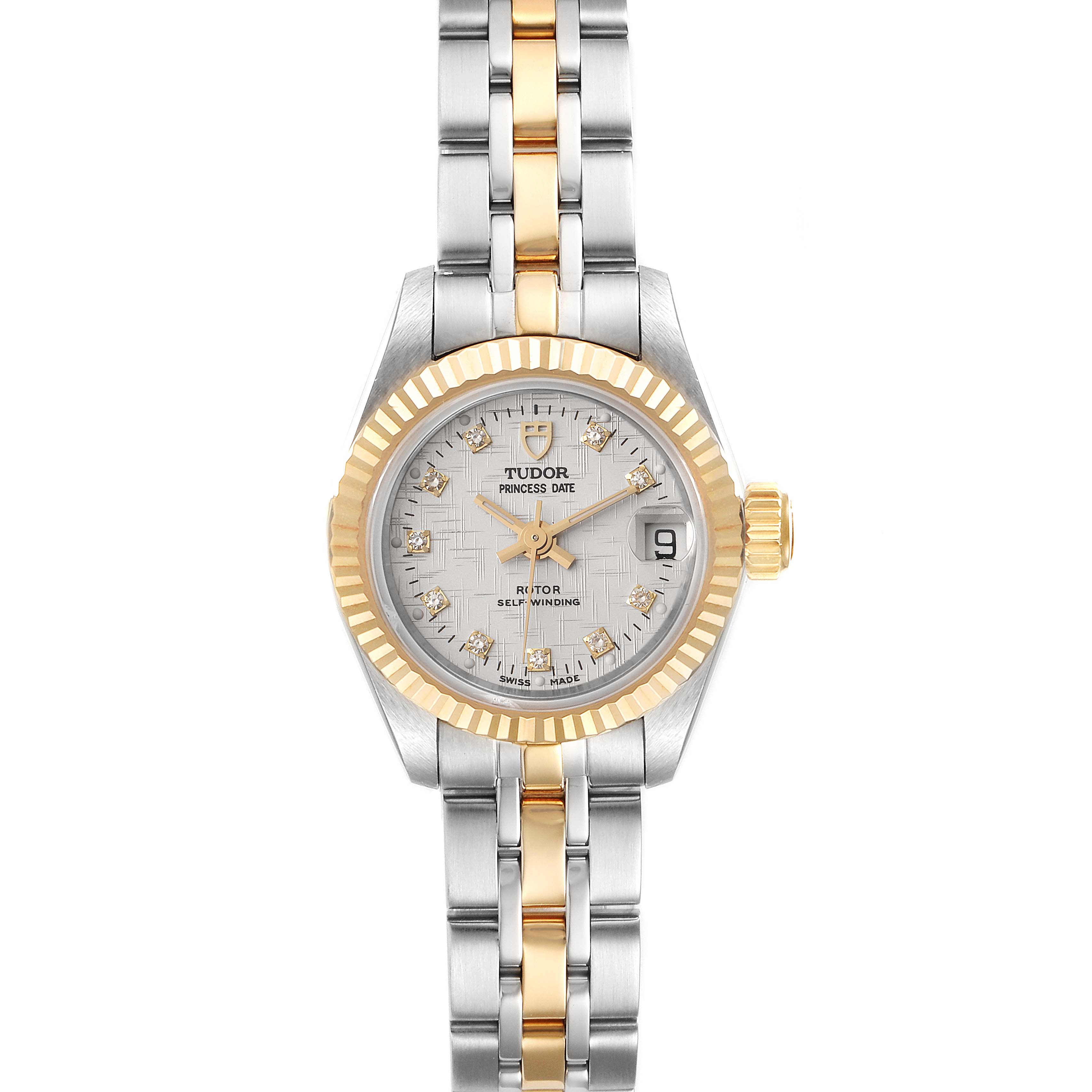 The image shows a front view of the Tudor Princess 92513 Women's Steel and Gold (two tone) Silver Dial 92513 Women's Steel and Gold (two tone) Silver Dial watch, highlighting its dial, bezel, and two-tone bracelet.