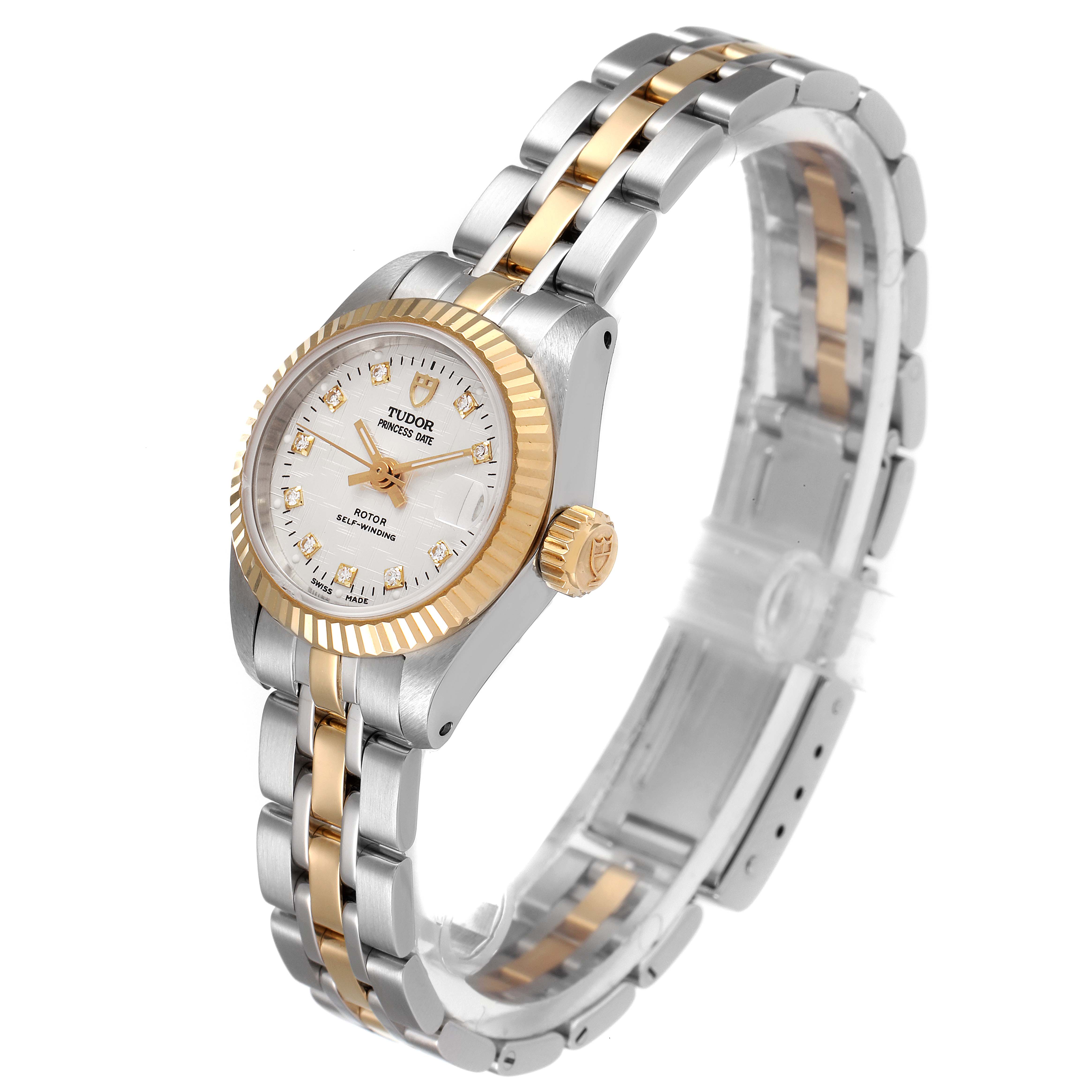 The Tudor Princess 92513 Women's Steel and Gold (two tone) Silver Dial 92513 Women's Steel and Gold (two tone) Silver Dial watch is shown at a slight angle, displaying its two-tone bracelet, fluted bezel, crown, and dial.