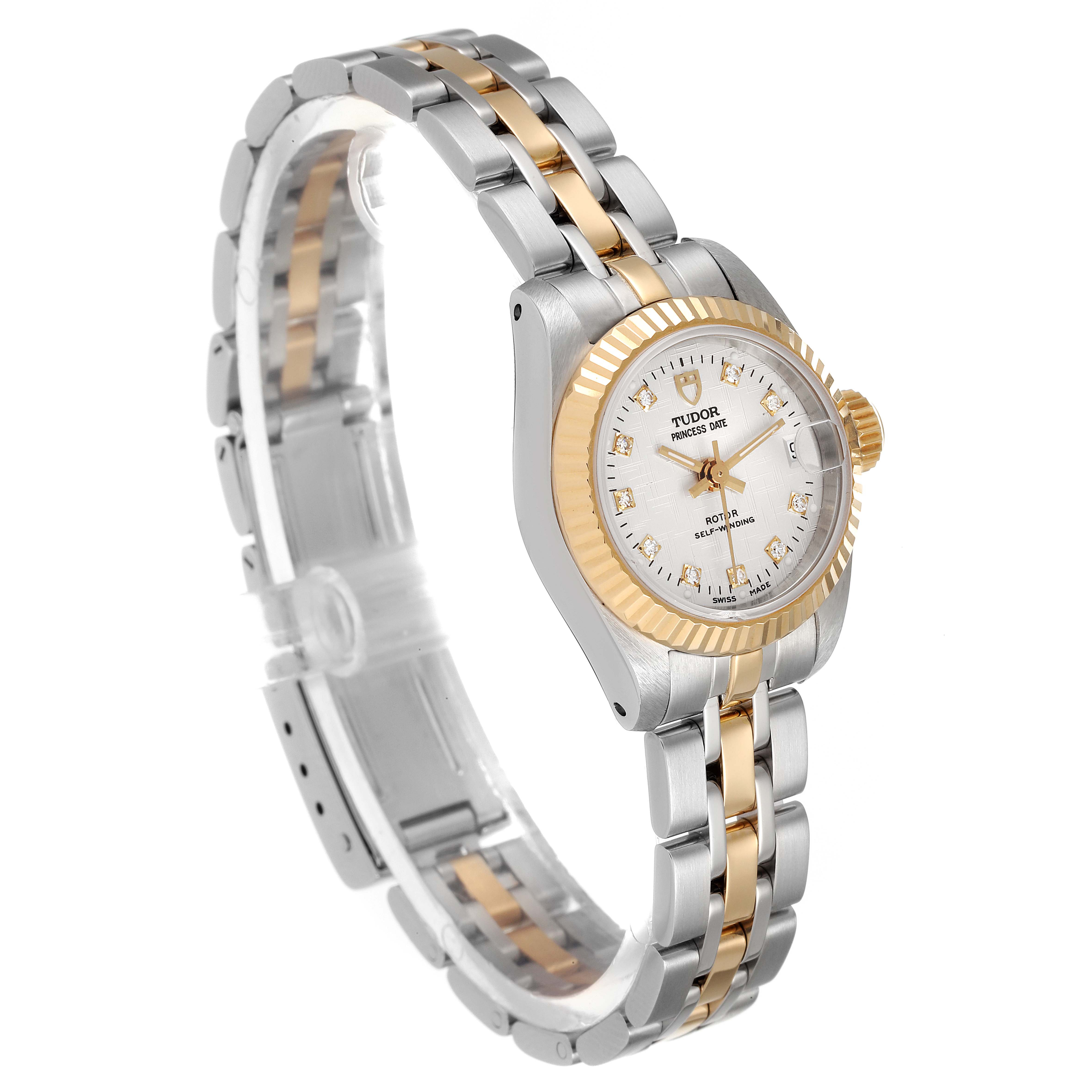 The Tudor Princess 92513 Women's Steel and Gold (two tone) Silver Dial 92513 Women's Steel and Gold (two tone) Silver Dial model watch is shown at an angle highlighting its dial, bezel, and two-tone bracelet.