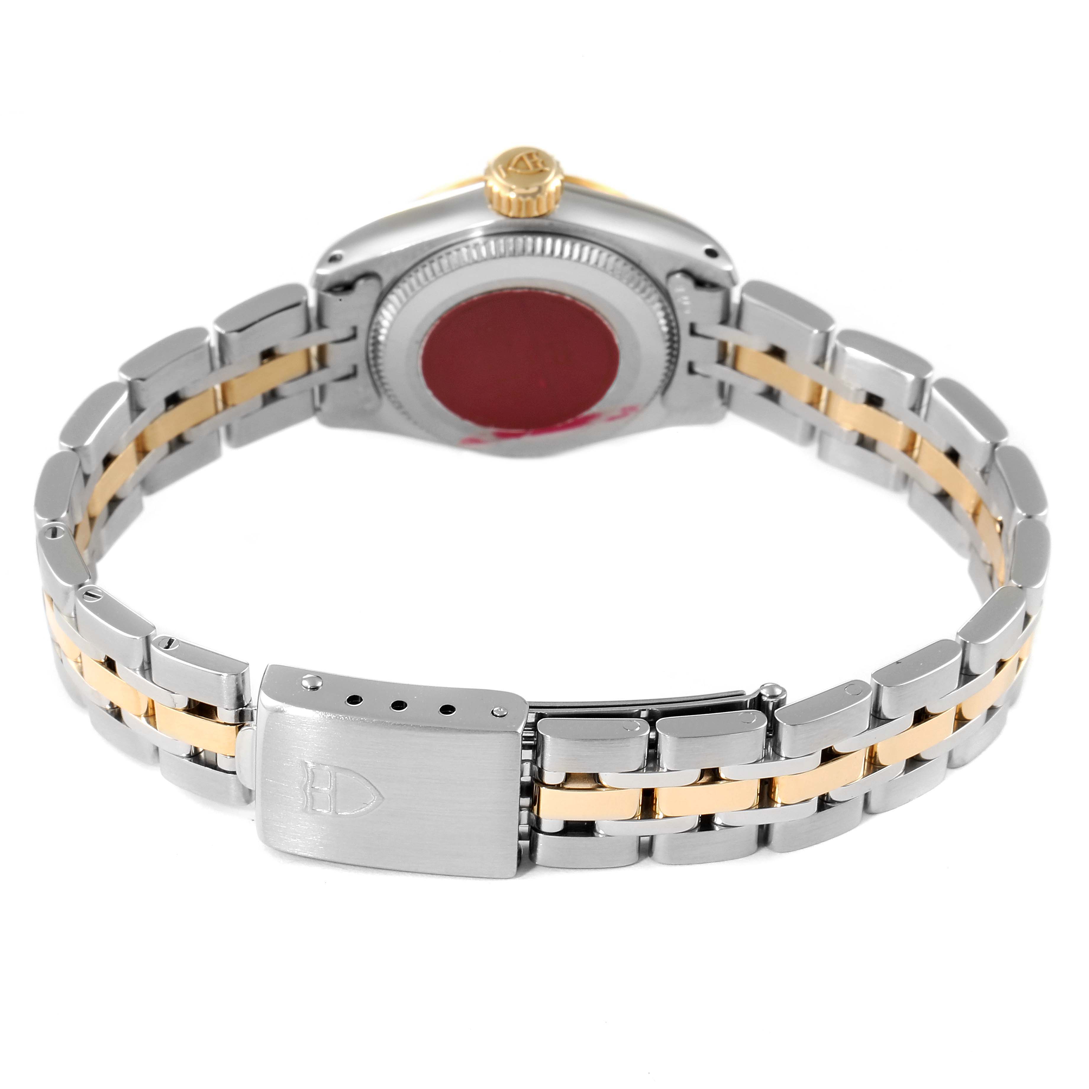 The image shows the back view of a Tudor Princess 92513 Women's Steel and Gold (two tone) Silver Dial 92513 Women's Steel and Gold (two tone) Silver Dial watch, highlighting its two-tone bracelet and clasp.