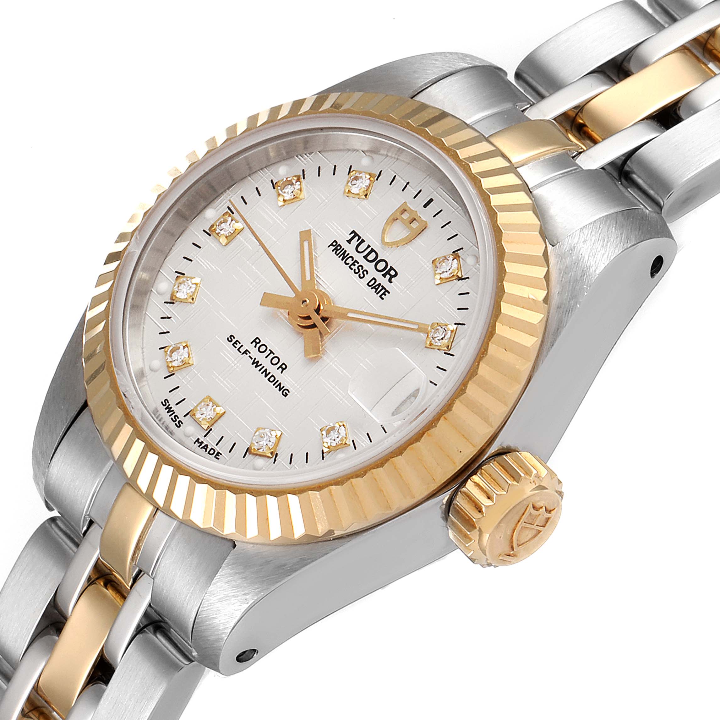 The Tudor Princess 92513 Women's Steel and Gold (two tone) Silver Dial 92513 Women's Steel and Gold (two tone) Silver Dial Date watch is shown from an angled view highlighting the dial, bezel, crown, and part of the bracelet.