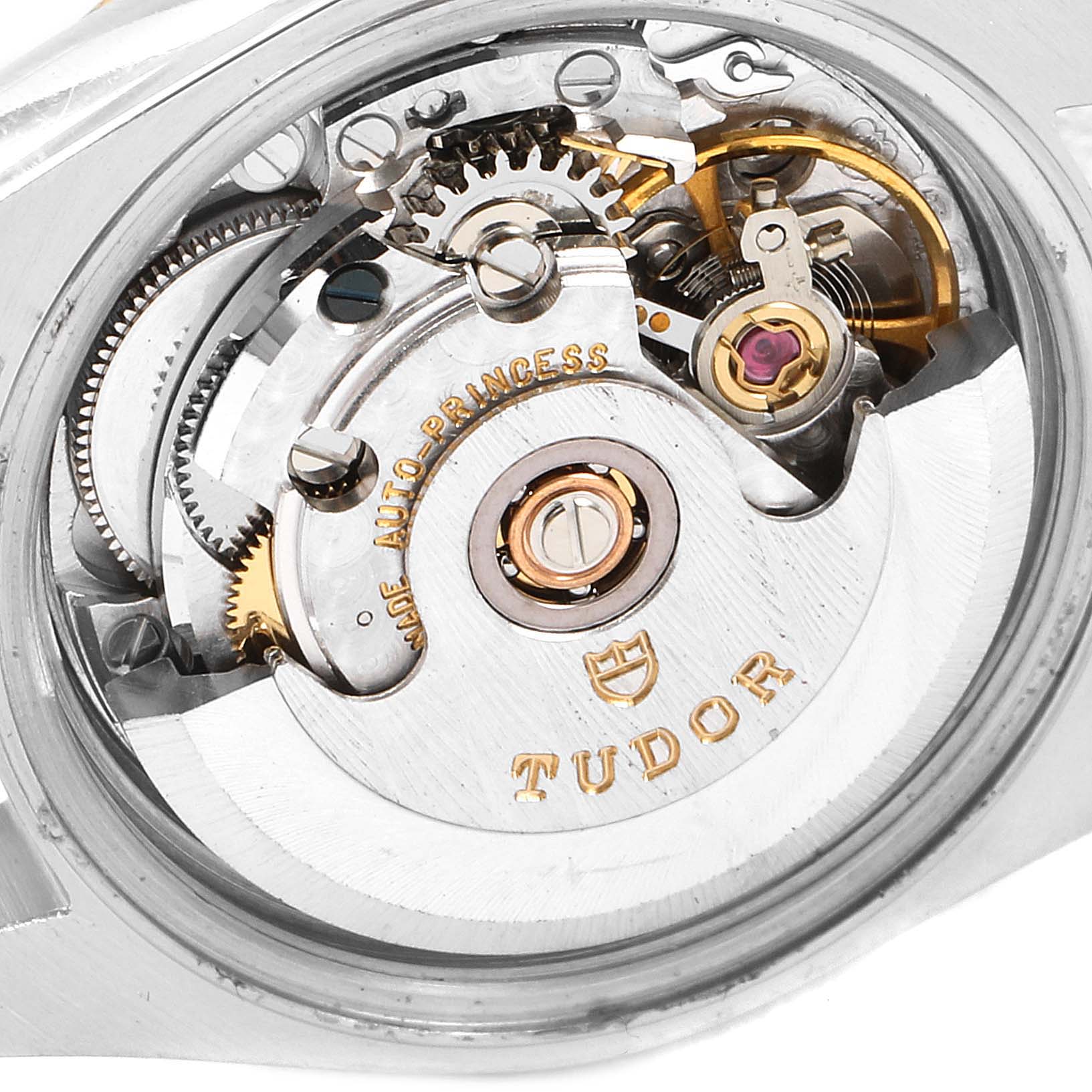 This image shows the movement and internal mechanisms of a Tudor Princess 92513 Women's Steel and Gold (two tone) Silver Dial 92513 Women's Steel and Gold (two tone) Silver Dial model watch from an angled close-up view.