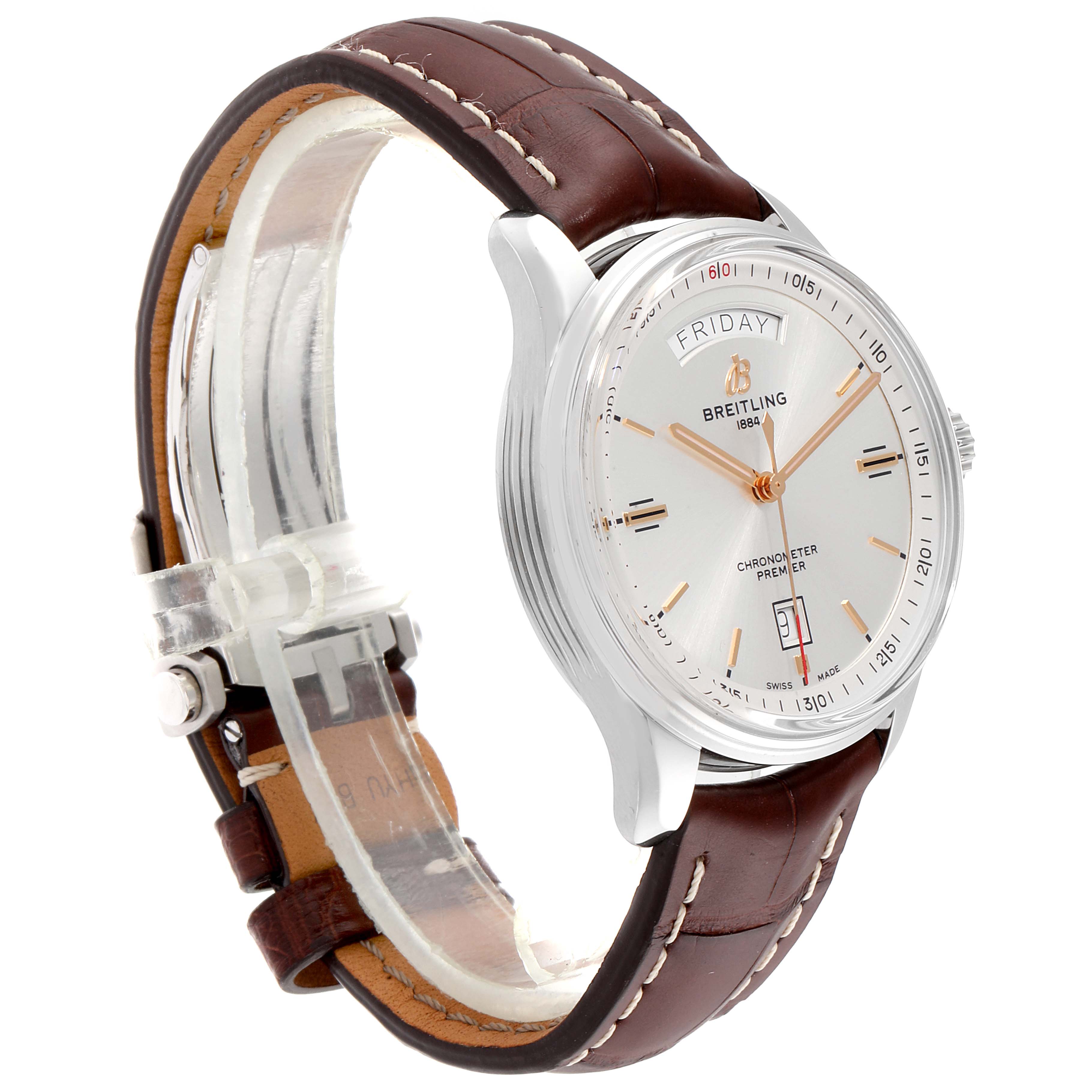 The image shows a Breitling Premier A45340211G1P2 Men's Stainless Steel Silver Dial A45340211G1P2 Men's Stainless Steel Silver Dial watch at a slight angle, highlighting the dial, case, and leather strap.