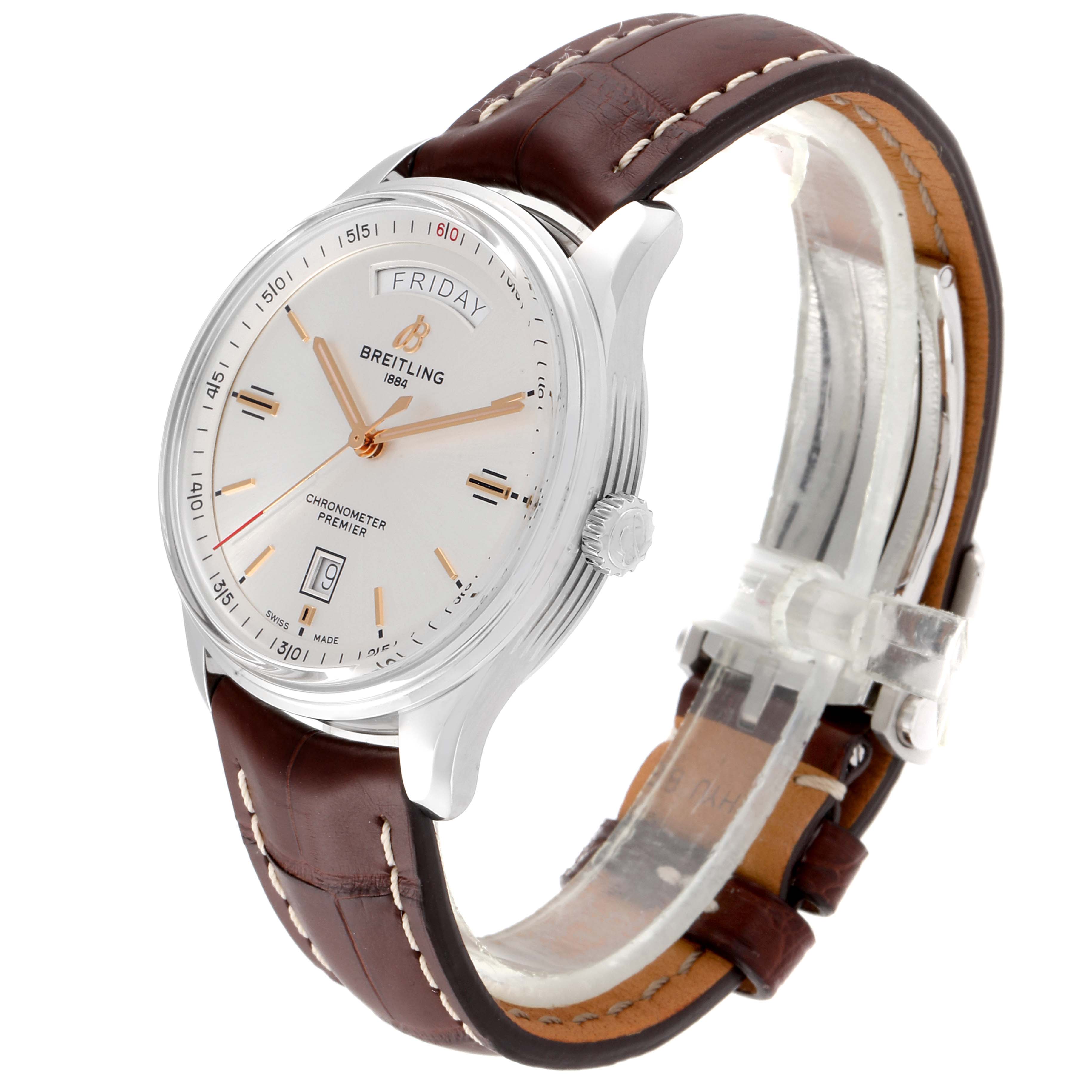 The Breitling Premier A45340211G1P2 Men's Stainless Steel Silver Dial A45340211G1P2 Men's Stainless Steel Silver Dial watch is shown at an angle displaying its face, side, and brown leather strap.