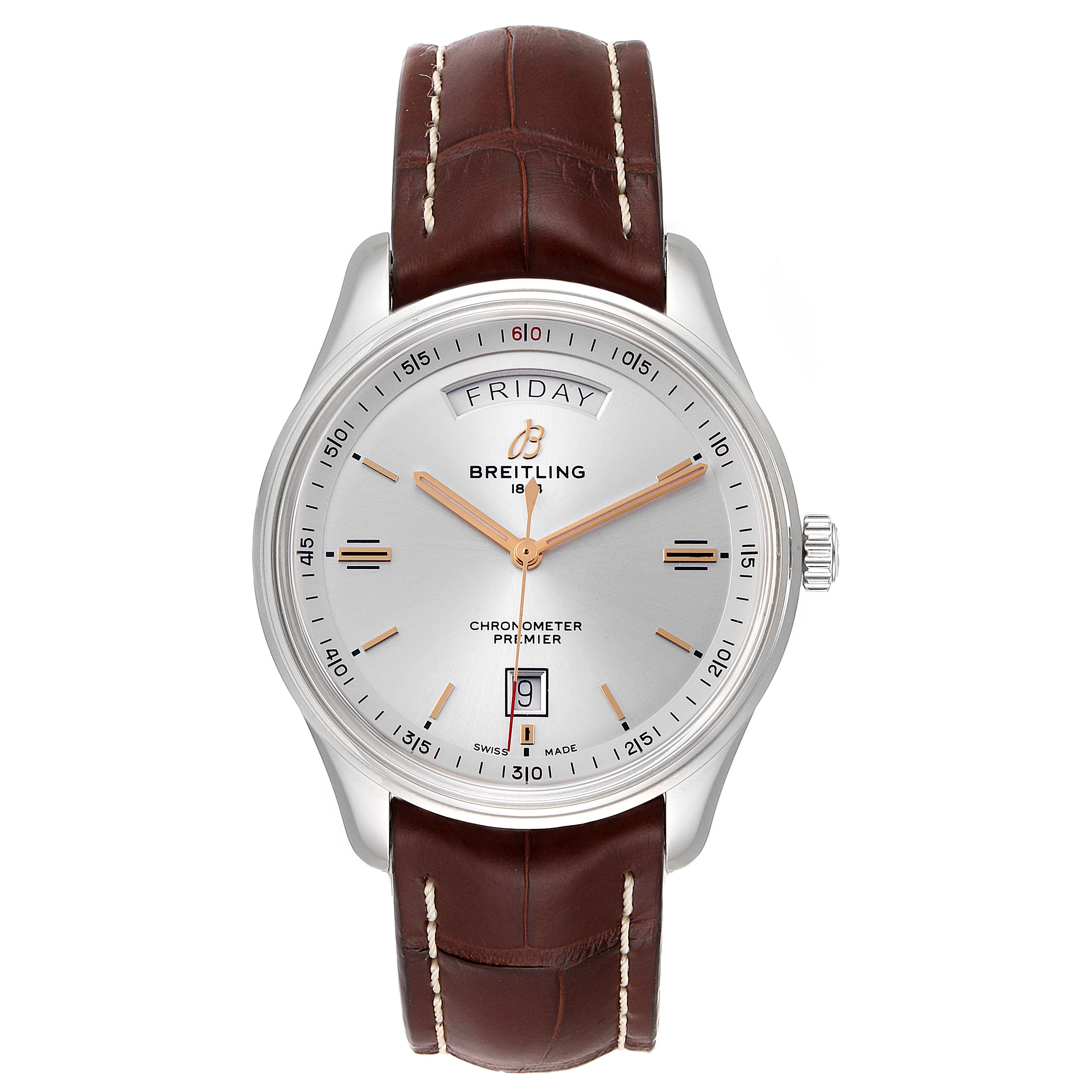 The image shows a front view of a Breitling Premier A45340211G1P2 Men's Stainless Steel Silver Dial A45340211G1P2 Men's Stainless Steel Silver Dial watch featuring a silver dial, date display, and brown leather strap.