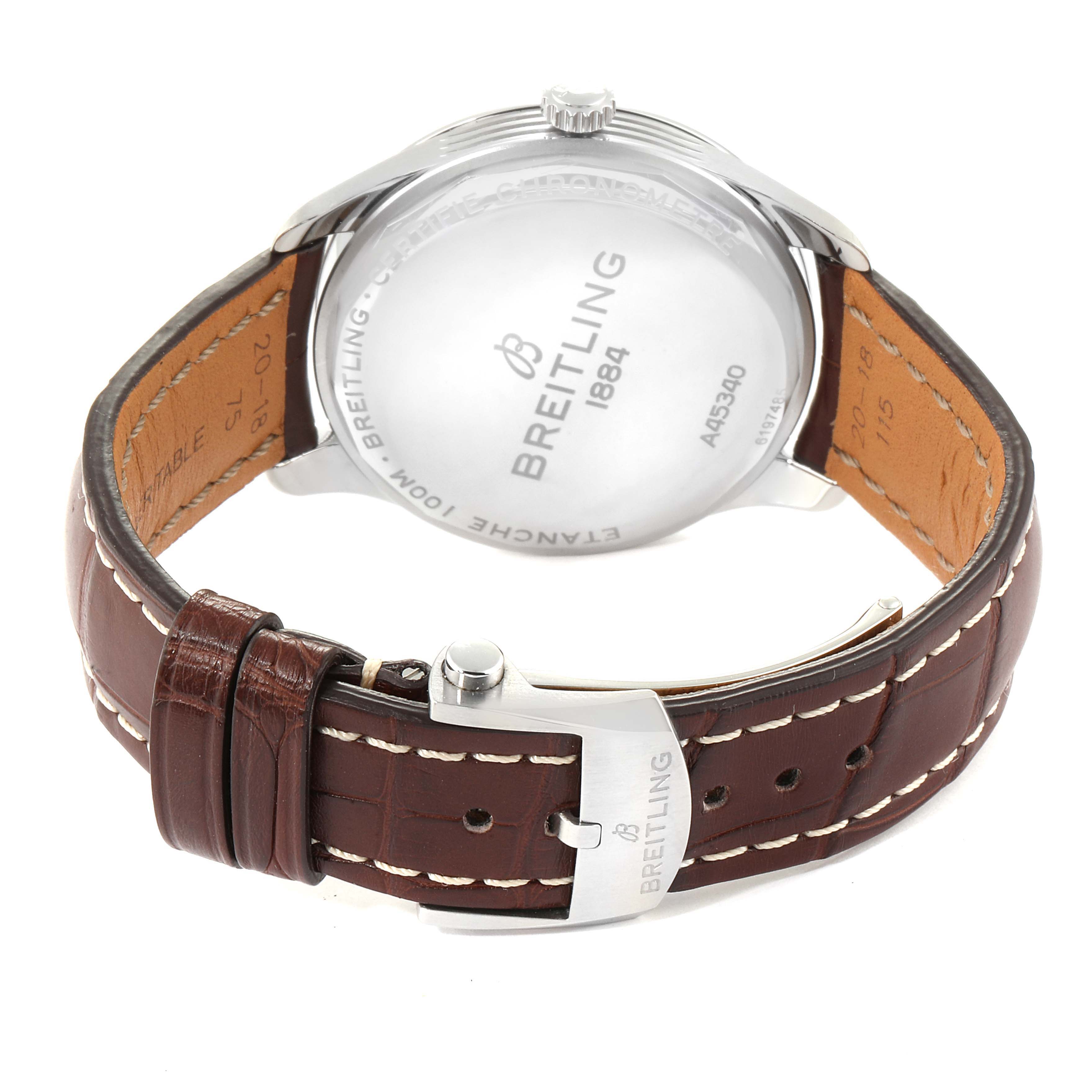 The image shows the back and leather strap of a Breitling Premier A45340211G1P2 Men's Stainless Steel Silver Dial A45340211G1P2 Men's Stainless Steel Silver Dial watch, highlighting the case back and clasp.