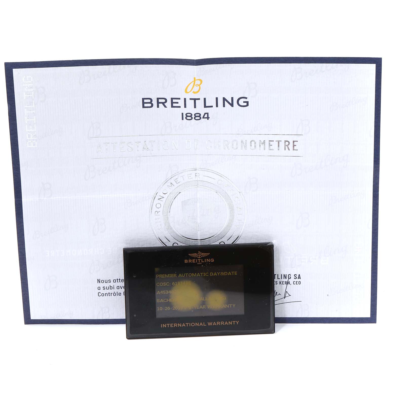 The image shows the certificate and international warranty card for the Breitling Premier A45340211G1P2 Men's Stainless Steel Silver Dial A45340211G1P2 Men's Stainless Steel Silver Dial model watch.