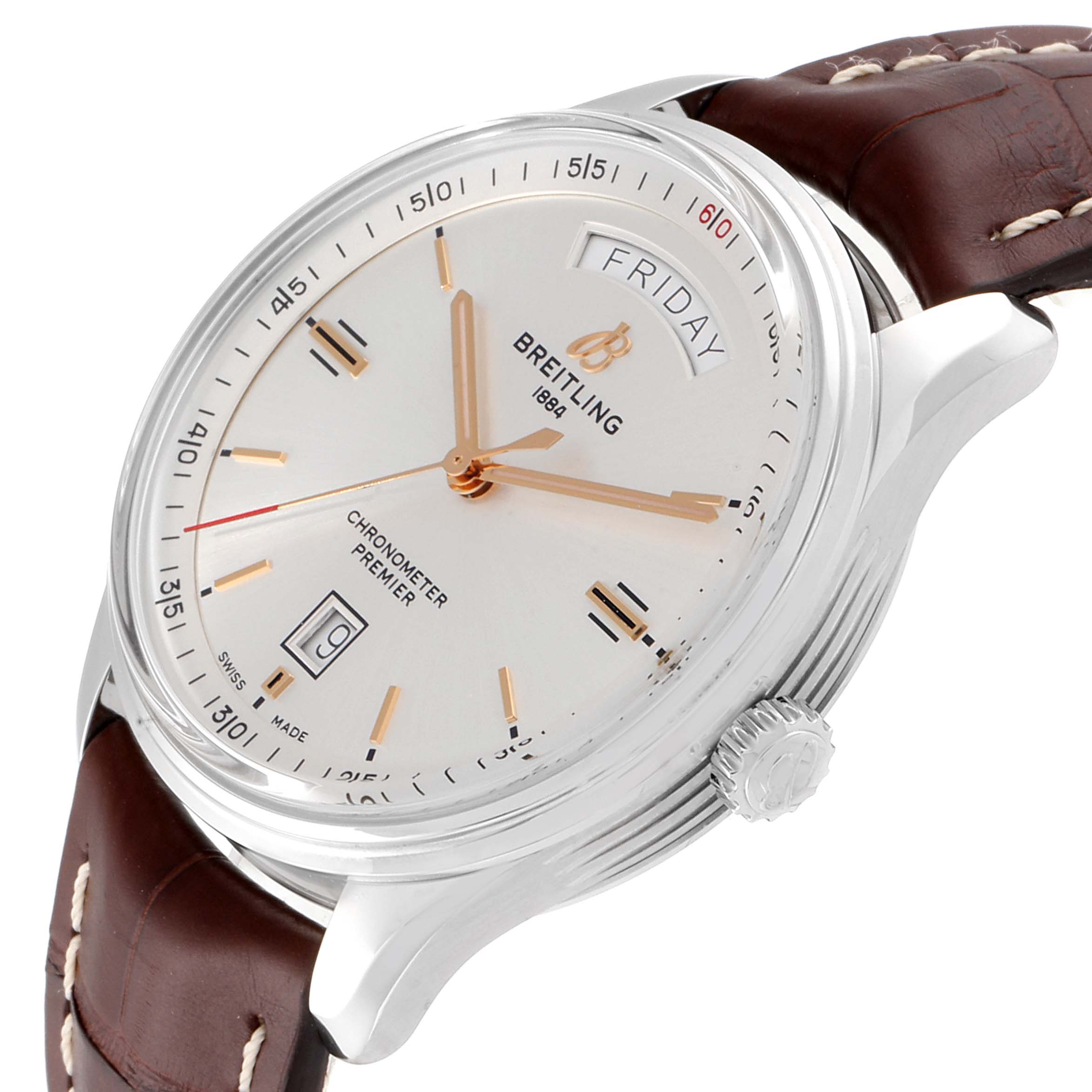 The image shows a Breitling Premier A45340211G1P2 Men's Stainless Steel Silver Dial A45340211G1P2 Men's Stainless Steel Silver Dial watch angled slightly from the right, highlighting the dial, crown, and strap connection.