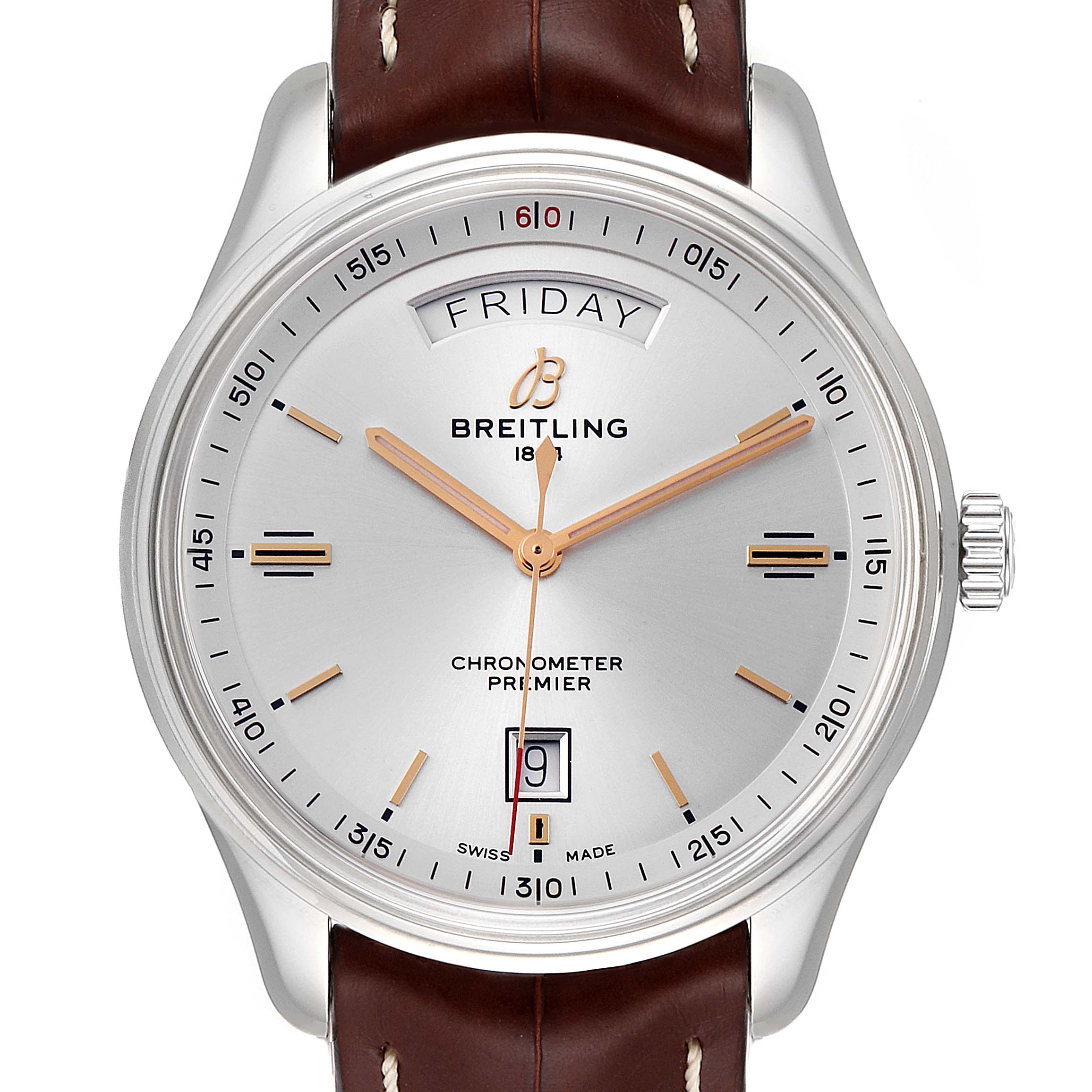 The image shows a front view of the Breitling Premier A45340211G1P2 Men's Stainless Steel Silver Dial A45340211G1P2 Men's Stainless Steel Silver Dial watch, highlighting the dial, hands, and date window.