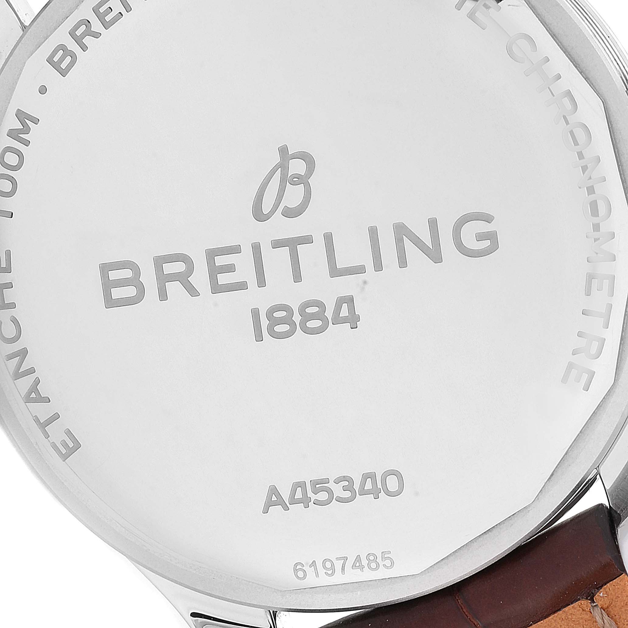 The image shows the back case of the Breitling Premier A45340211G1P2 Men's Stainless Steel Silver Dial A45340211G1P2 Men's Stainless Steel Silver Dial watch, displaying the brand name, model number, and serial number.