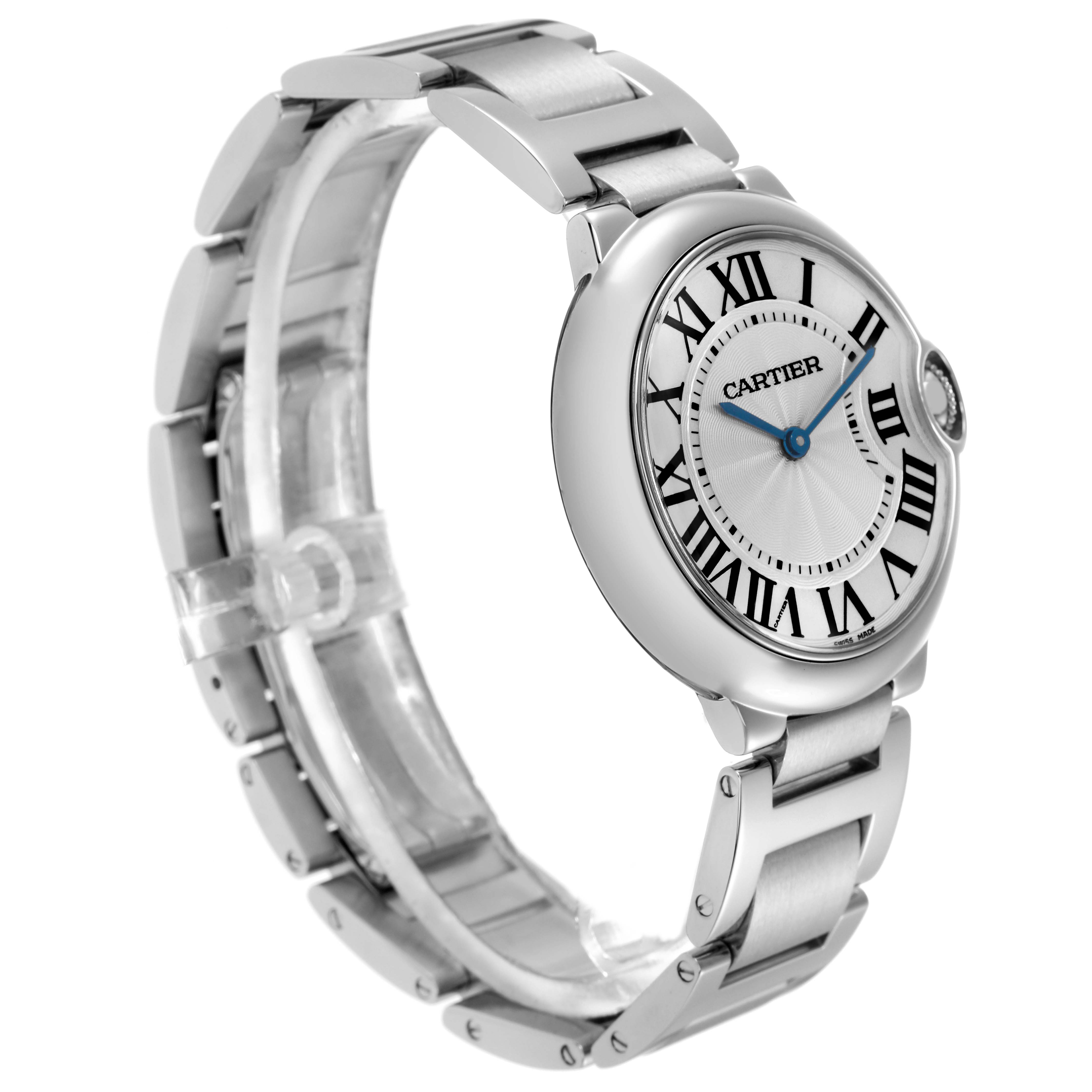 The image shows a side angle of the Cartier Ballon Bleu W69011Z4 Men
s Stainless Steel Silver Dial W69011Z4 Men
s Stainless Steel Silver Dial watch highlighting the case, dial, and bracelet.