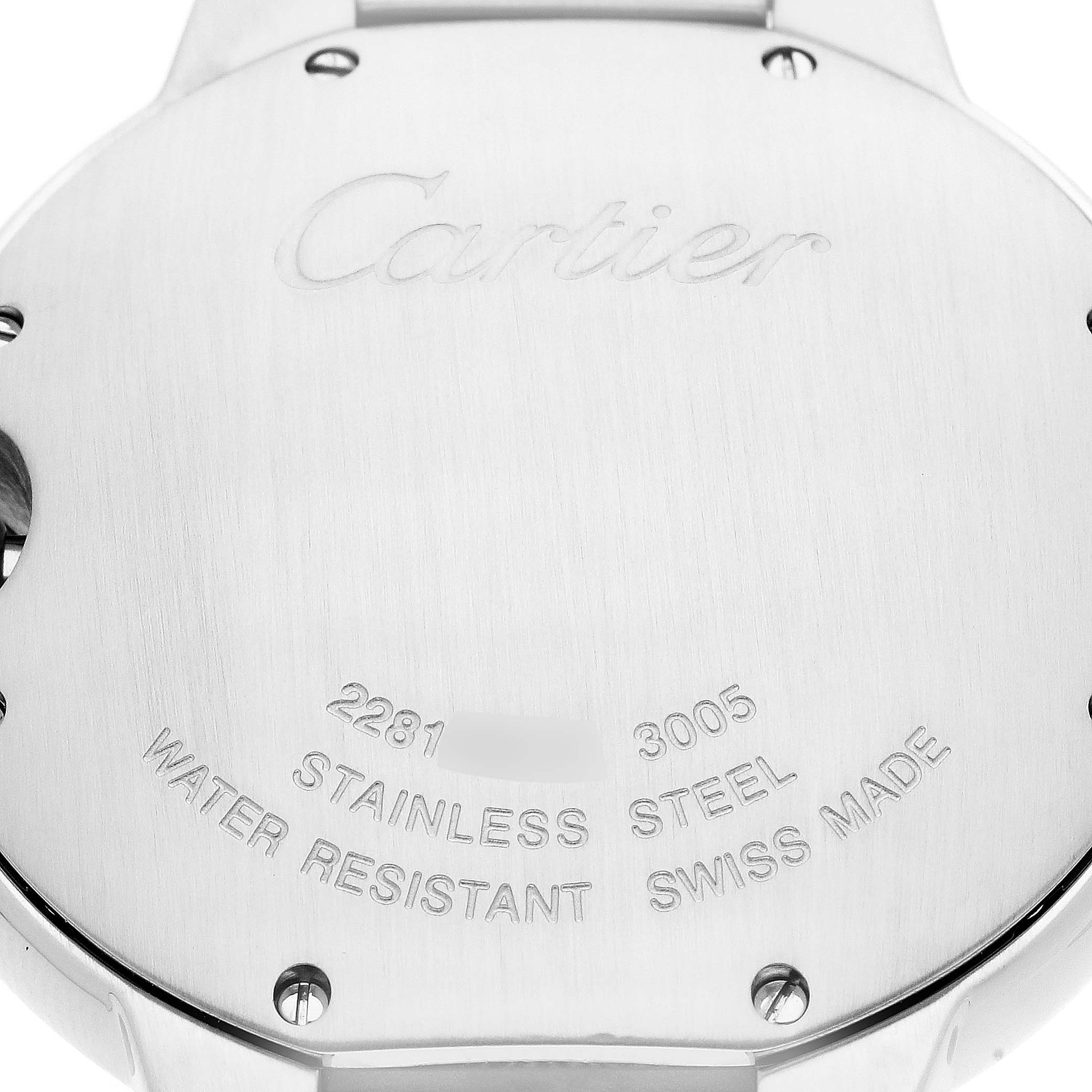The image shows the back case of a Cartier Ballon Bleu W69011Z4 Men
s Stainless Steel Silver Dial W69011Z4 Men
s Stainless Steel Silver Dial watch, highlighting the engravings and screws.
