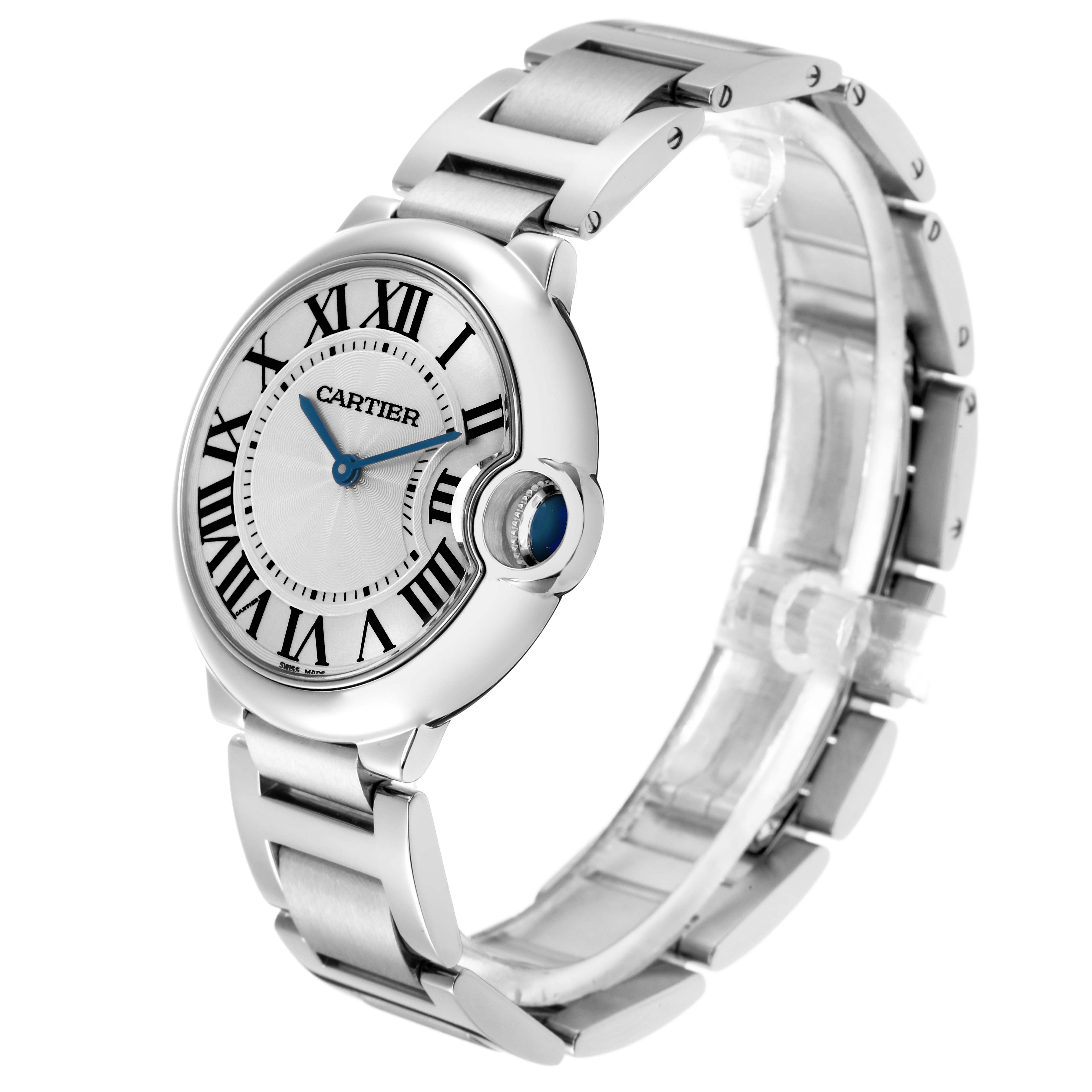 The Cartier Ballon Bleu W69011Z4 Men
s Stainless Steel Silver Dial W69011Z4 Men
s Stainless Steel Silver Dial watch is shown at an angled side view, highlighting the dial, Roman numerals, and bracelet.