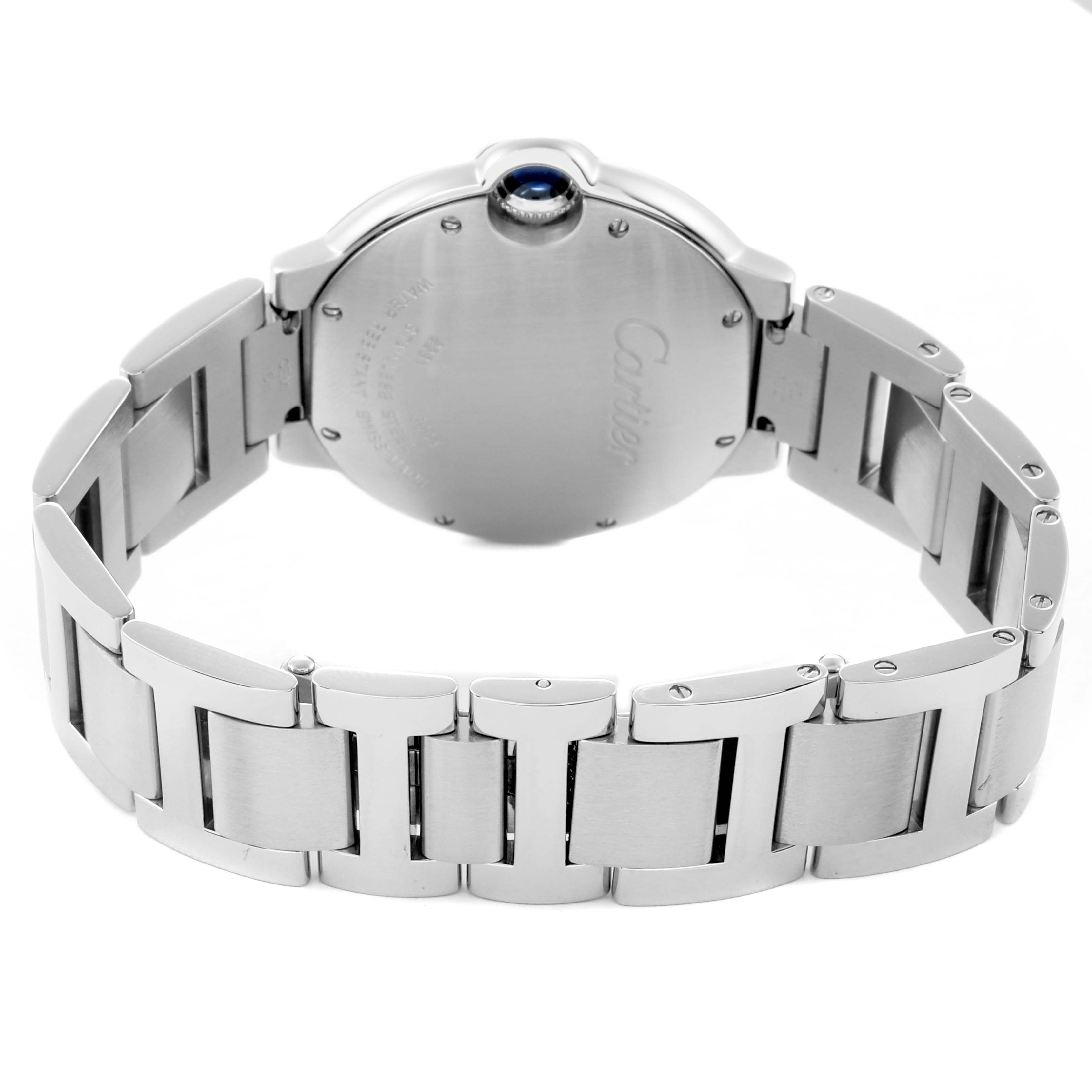 The image shows the back and bracelet of the Cartier Ballon Bleu W69011Z4 Men
s Stainless Steel Silver Dial W69011Z4 Men
s Stainless Steel Silver Dial watch, highlighting its clasp and case back.