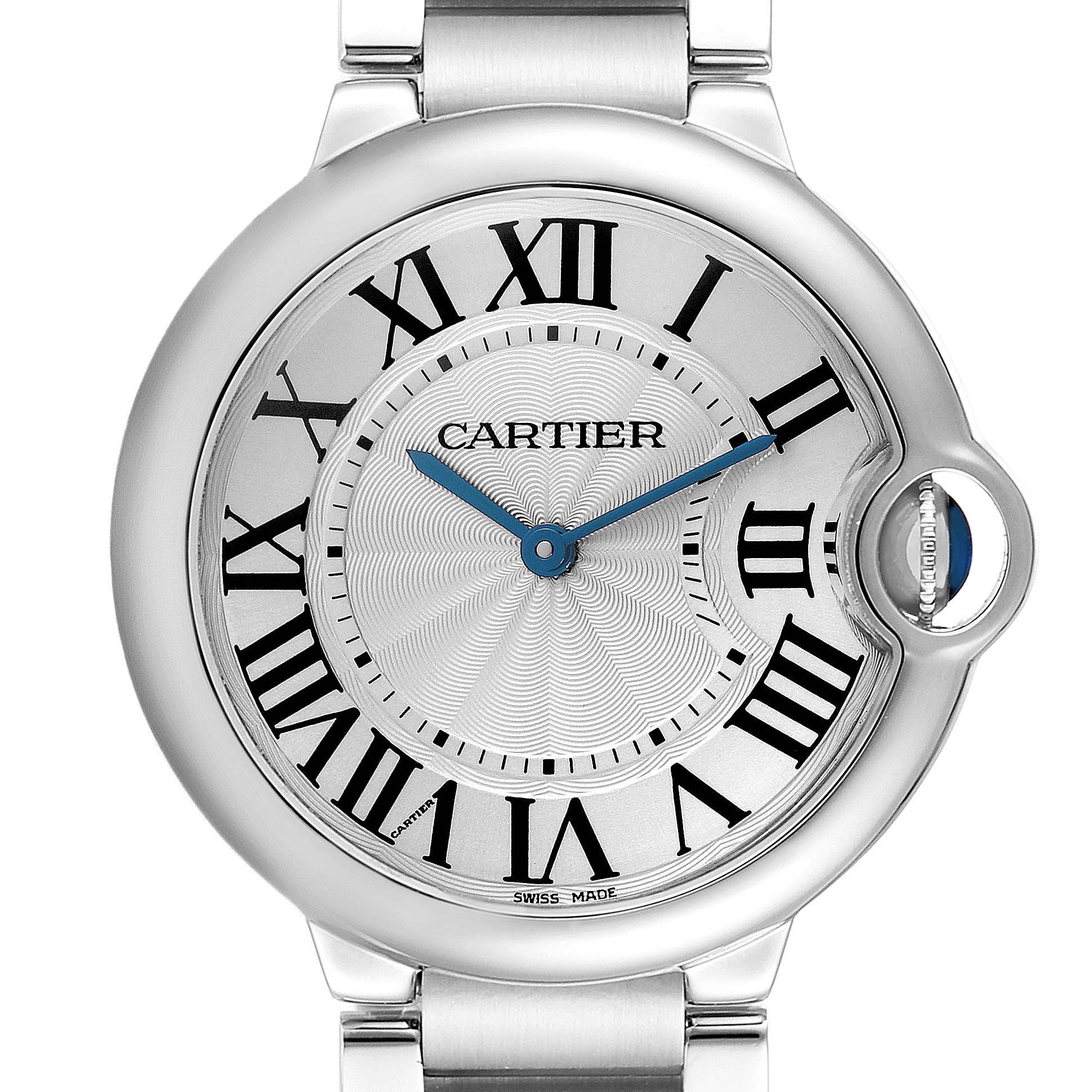 The Cartier Ballon Bleu W69011Z4 Men
s Stainless Steel Silver Dial W69011Z4 Men
s Stainless Steel Silver Dial watch is shown from the front, highlighting its round face, Roman numerals, and blue hands.