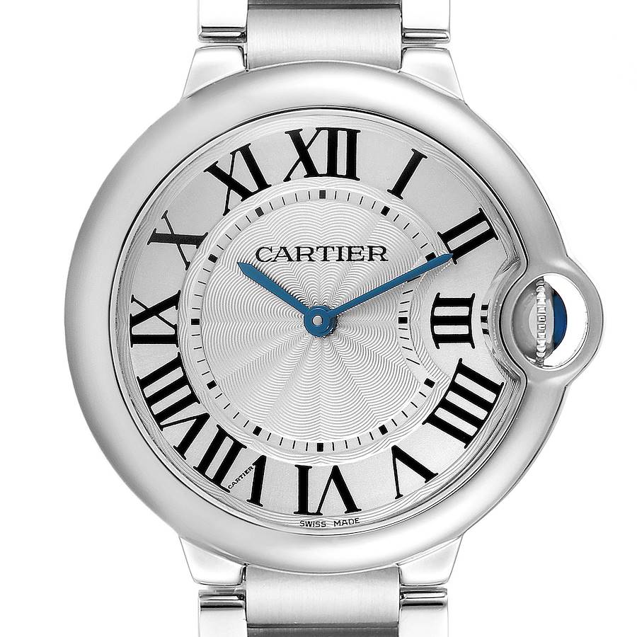 The Cartier Ballon Bleu W69011Z4 Men's Stainless Steel Silver Dial W69011Z4 Men's Stainless Steel Silver Dial watch is shown from the front, highlighting its round face, Roman numerals, and blue hands.