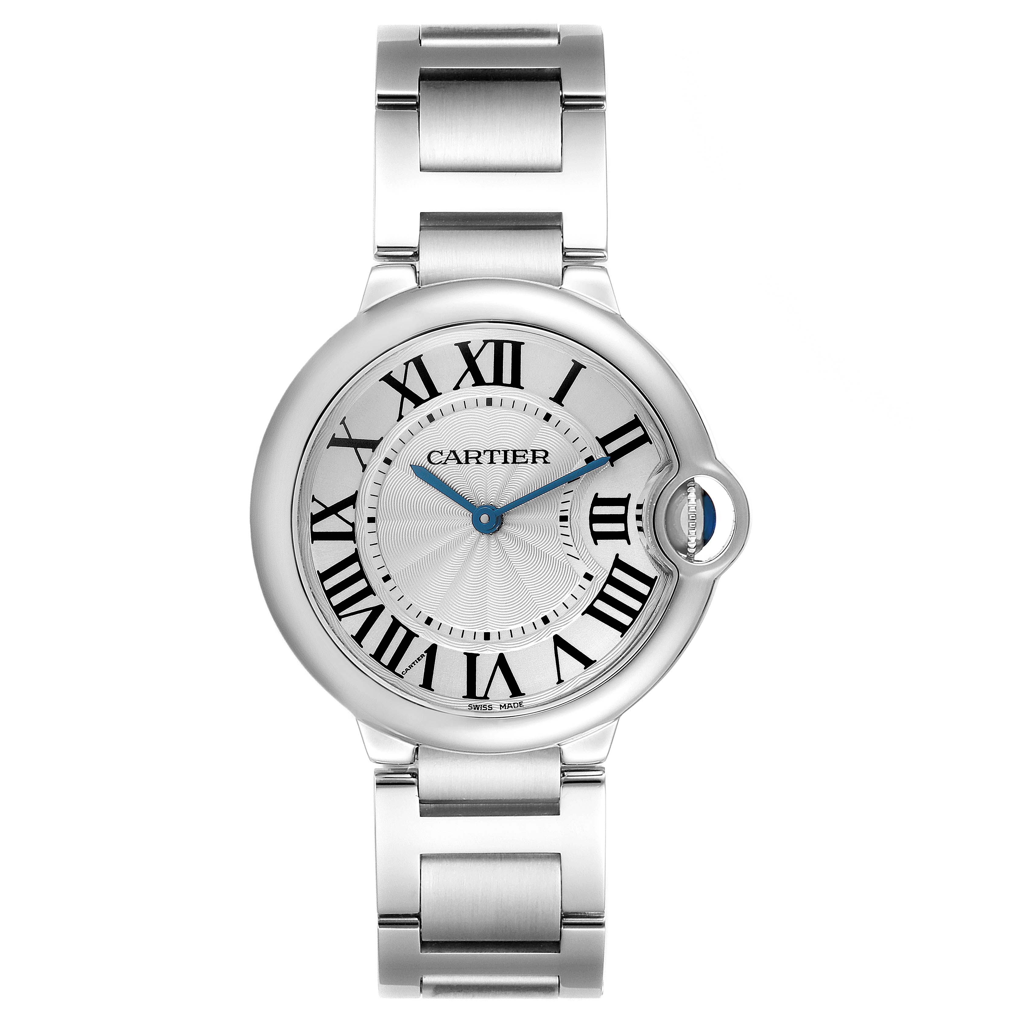 The Ballon Bleu by Cartier is shown from a top-down angle, highlighting the round face, Roman numerals, and metal bracelet.