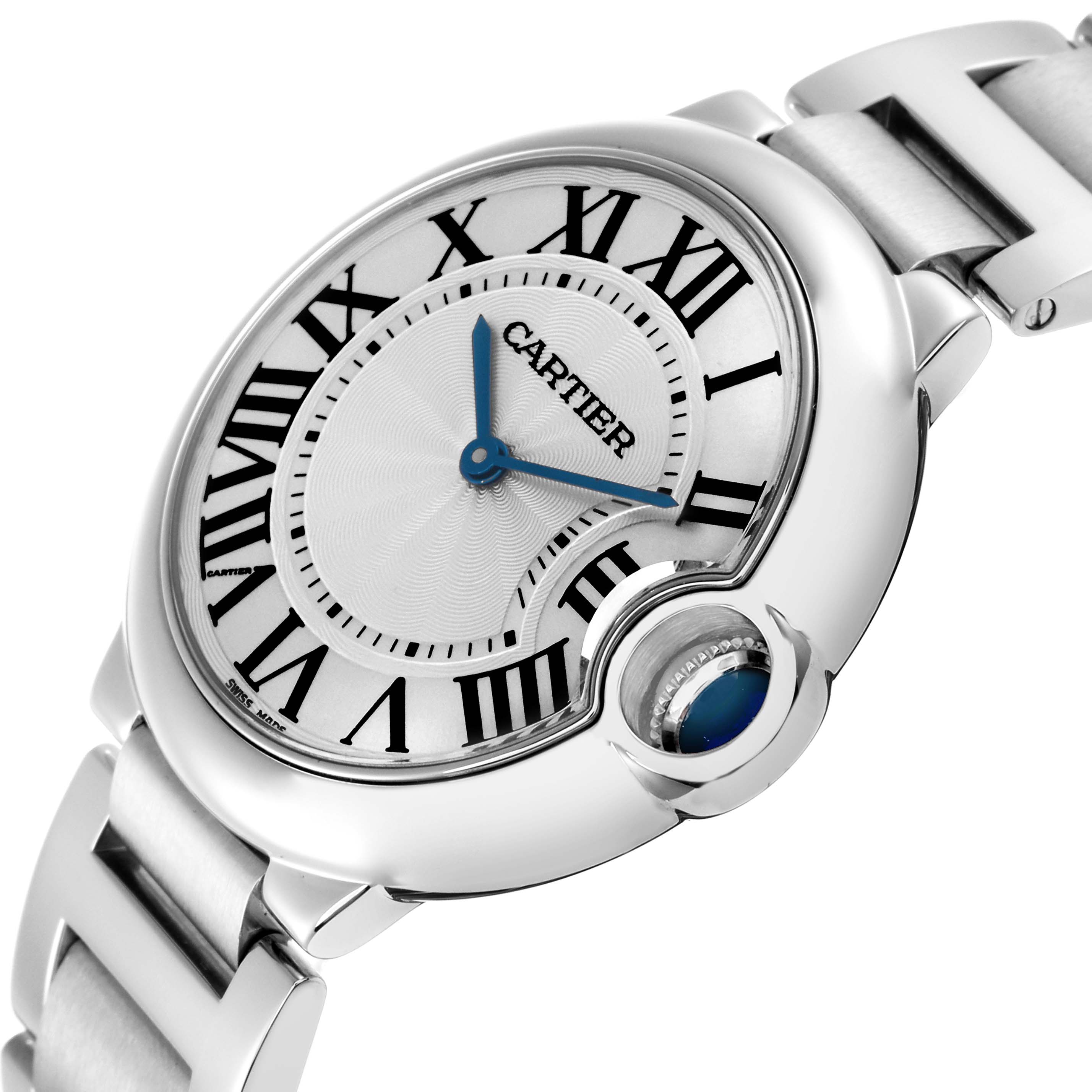 The Cartier Ballon Bleu W69011Z4 Men
s Stainless Steel Silver Dial W69011Z4 Men
s Stainless Steel Silver Dial watch is shown at a slight angle, highlighting the dial, case, and part of the bracelet.