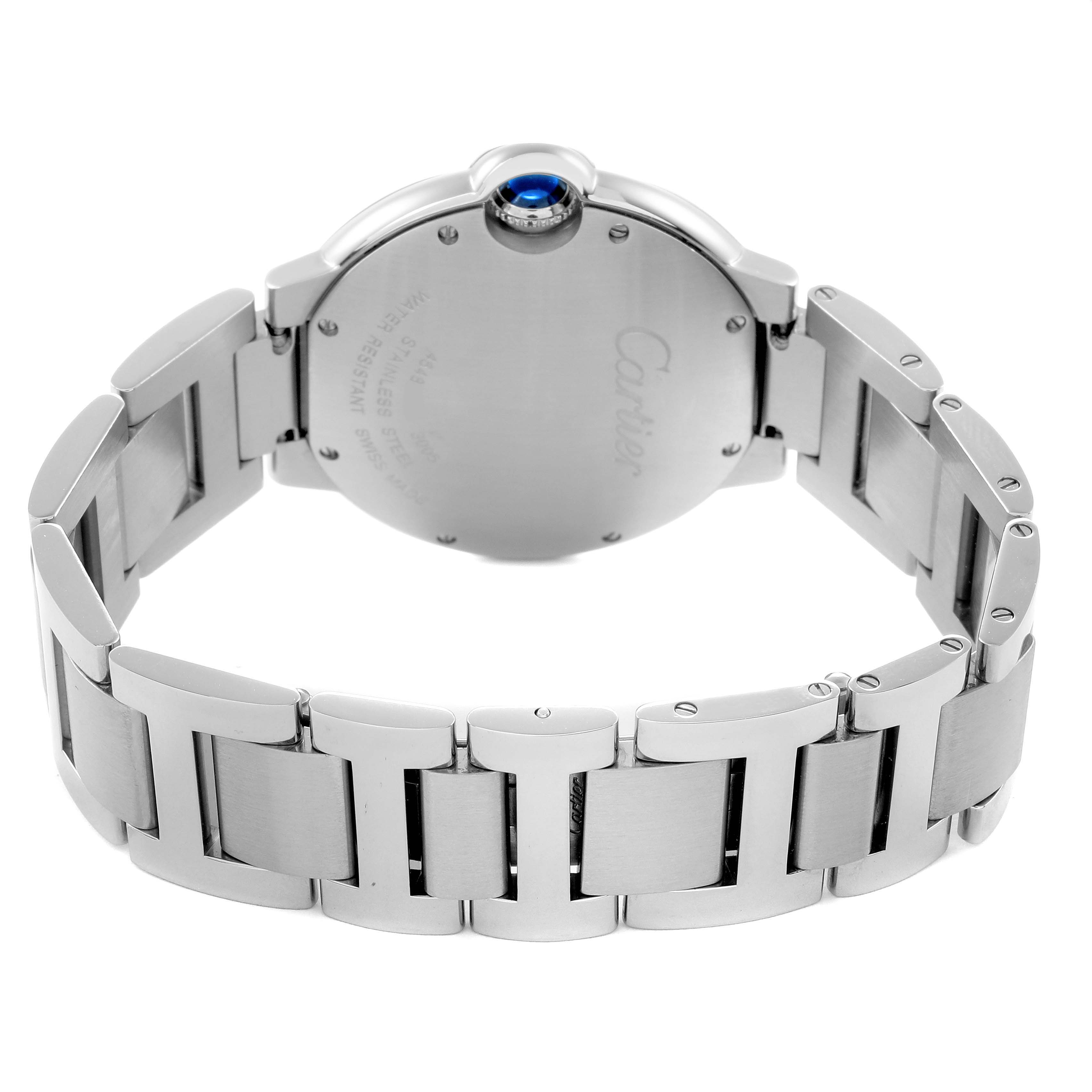 The Cartier Ballon Bleu W69011Z4 Men
s Stainless Steel Silver Dial W69011Z4 Men
s Stainless Steel Silver Dial watch is shown from the back, highlighting the case back, bracelet, and crown with a blue cabochon.