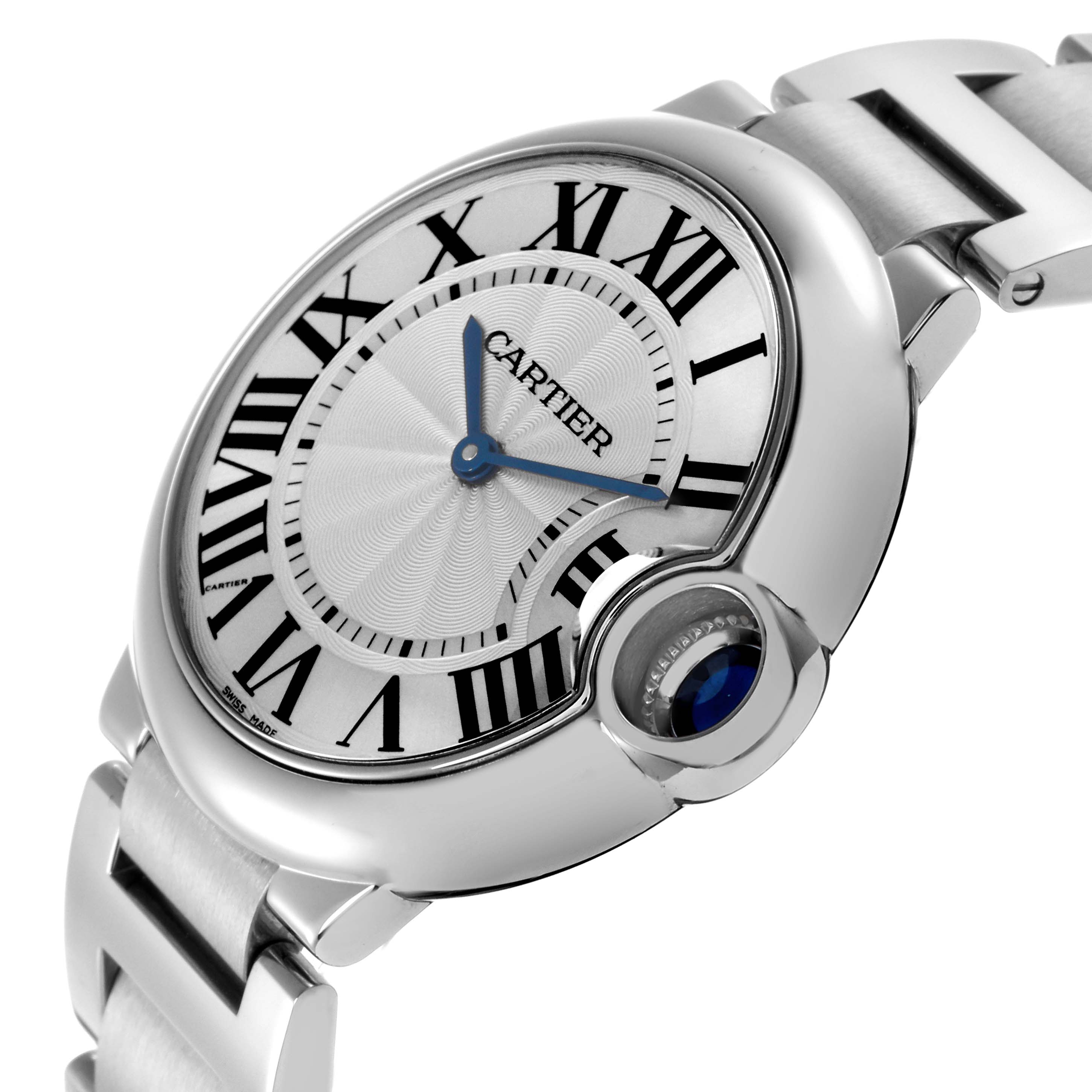 The image shows a close-up side view of the Cartier Ballon Bleu W69011Z4 Men
s Stainless Steel Silver Dial W69011Z4 Men
s Stainless Steel Silver Dial watch, highlighting the dial, blue hands, crown, and part of the bracelet.