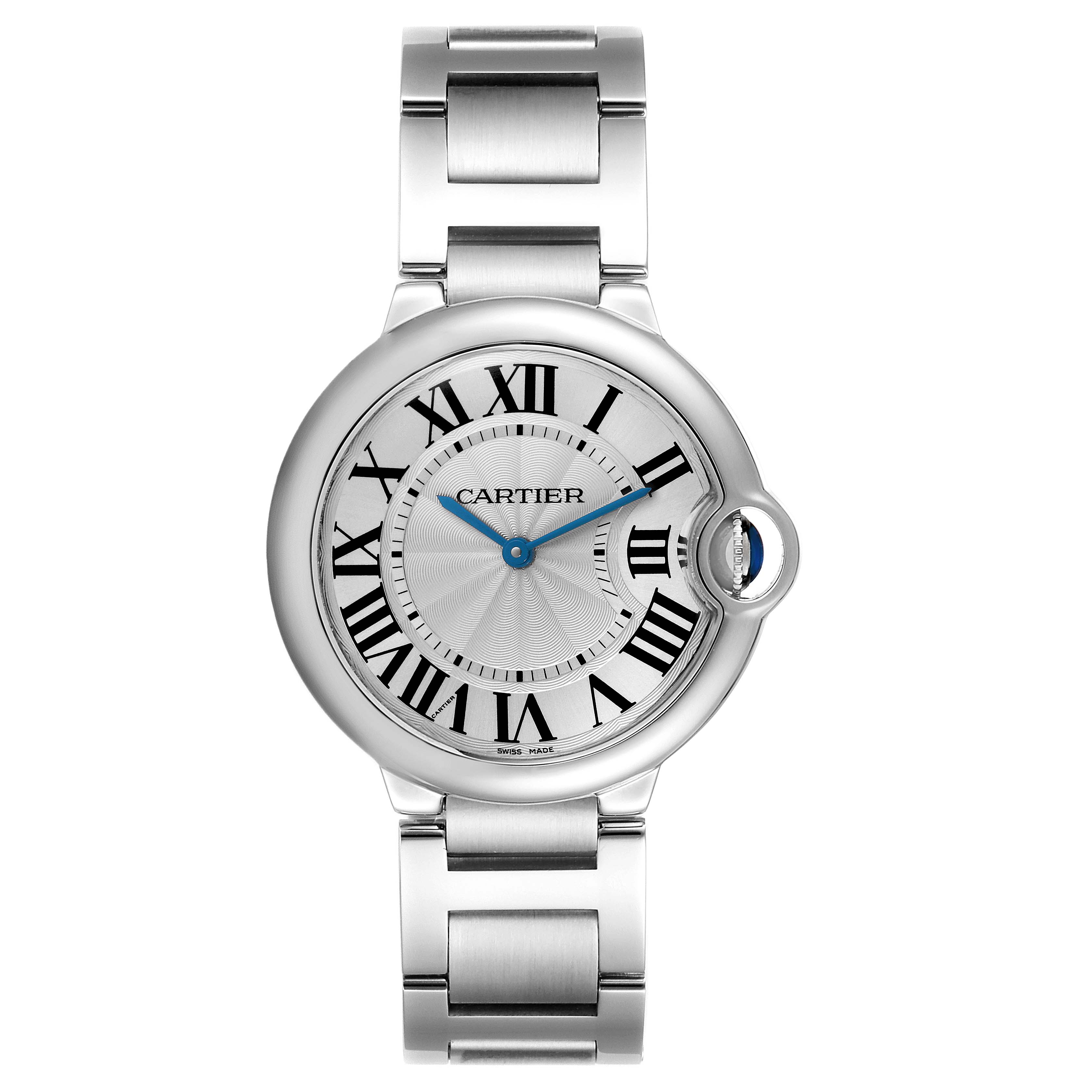 The Cartier Ballon Bleu W69011Z4 Men
s Stainless Steel Silver Dial W69011Z4 Men
s Stainless Steel Silver Dial watch is shown in a direct front angle, displaying the entire face and bracelet.