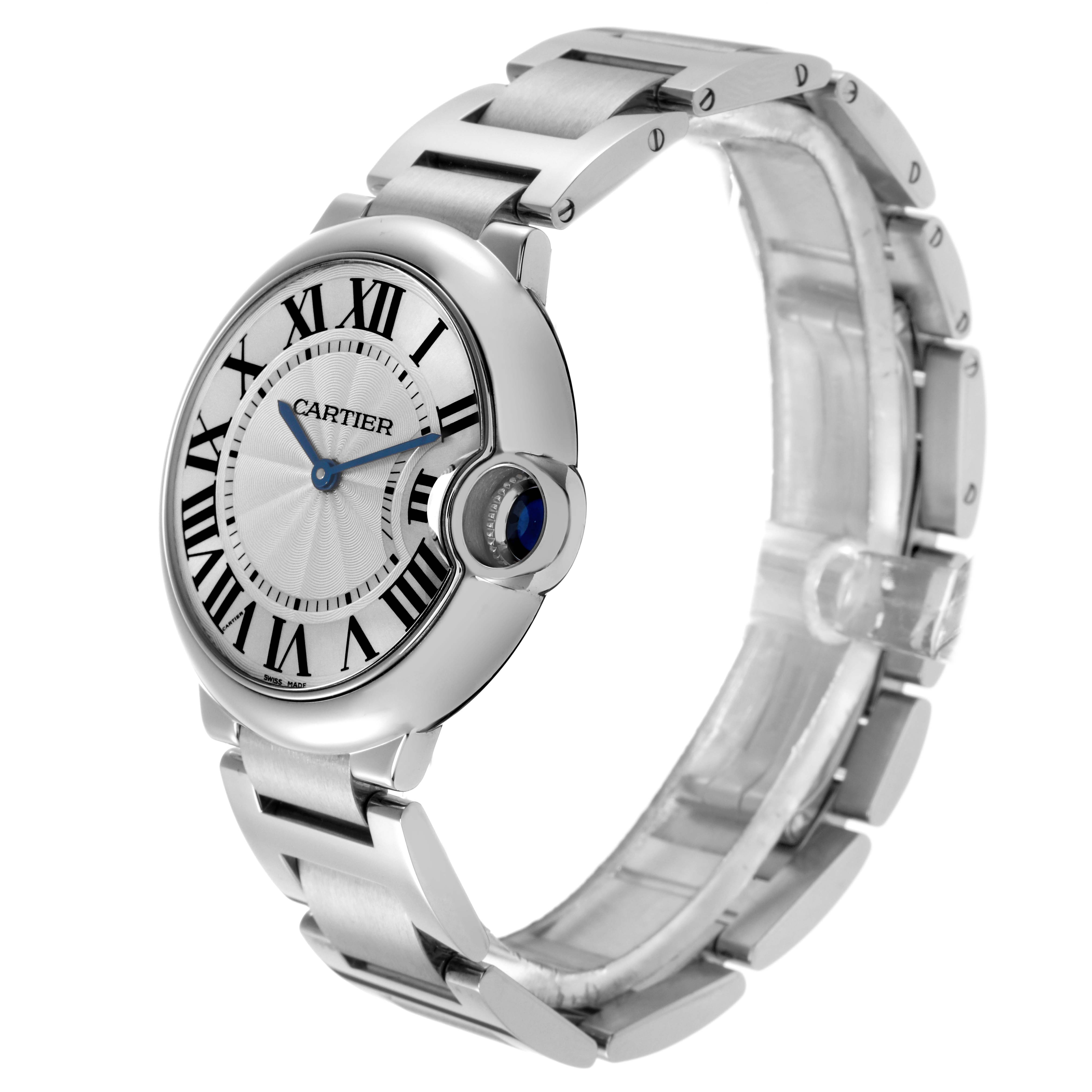 The Cartier Ballon Bleu W69011Z4 Men
s Stainless Steel Silver Dial W69011Z4 Men
s Stainless Steel Silver Dial watch is shown at a side angle, displaying its face, bezel, crown, and bracelet.