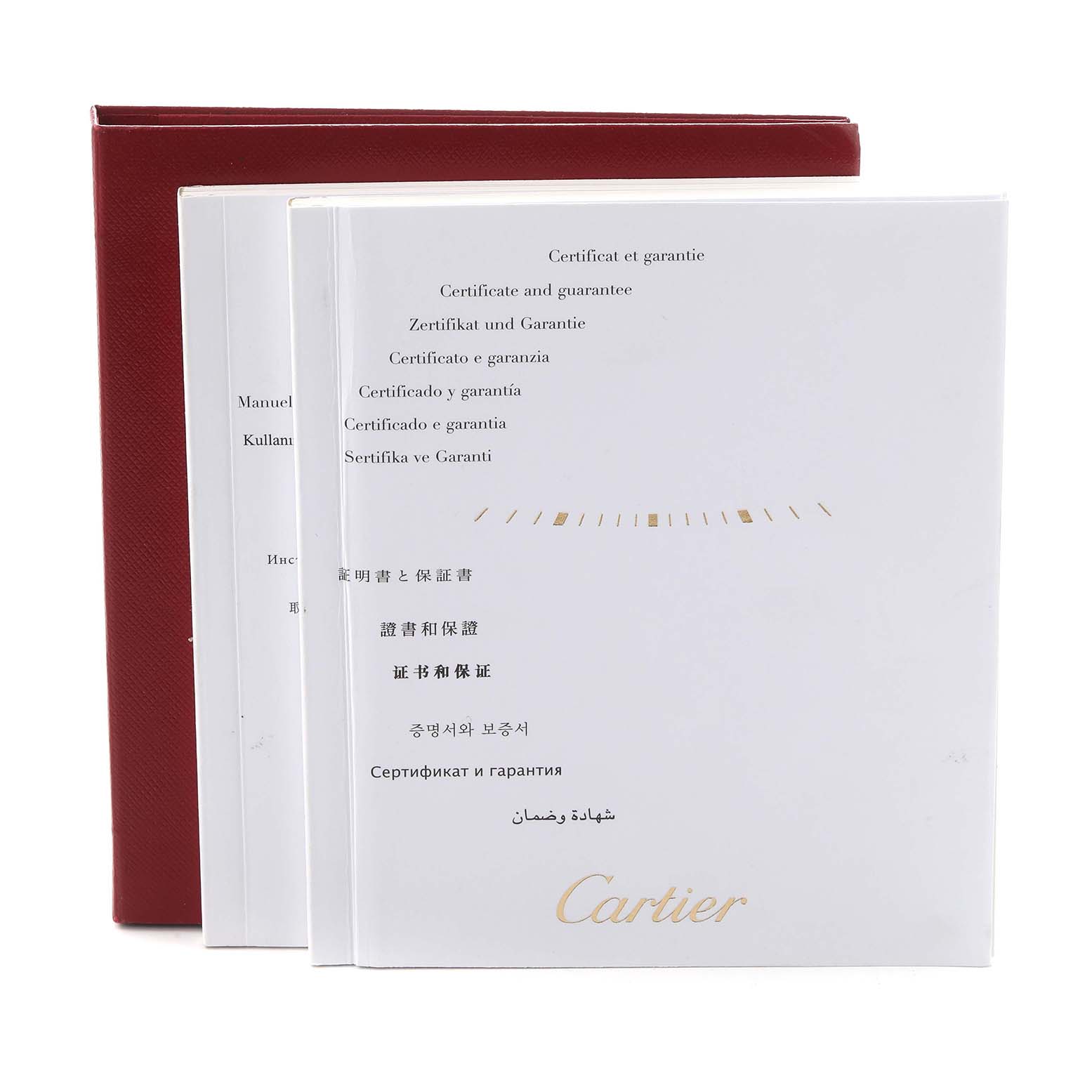 The image shows booklets and a certificate for the Cartier Ballon Bleu W69011Z4 Men
s Stainless Steel Silver Dial W69011Z4 Men
s Stainless Steel Silver Dial model, viewed from the front.