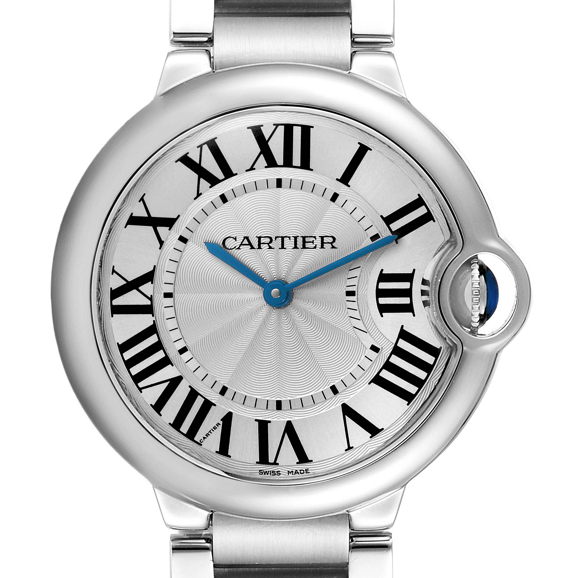 The Cartier Ballon Bleu W69011Z4 Men
s Stainless Steel Silver Dial W69011Z4 Men
s Stainless Steel Silver Dial watch is shown from a top-down angle, highlighting the face, Roman numerals, blue hands, and crown.