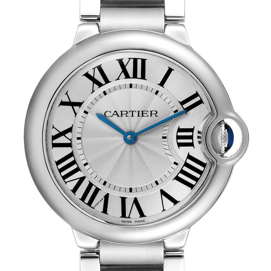 The Cartier Ballon Bleu W69011Z4 Men's Stainless Steel Silver Dial W69011Z4 Men's Stainless Steel Silver Dial watch is shown from a top-down angle, highlighting the face, Roman numerals, blue hands, and crown.