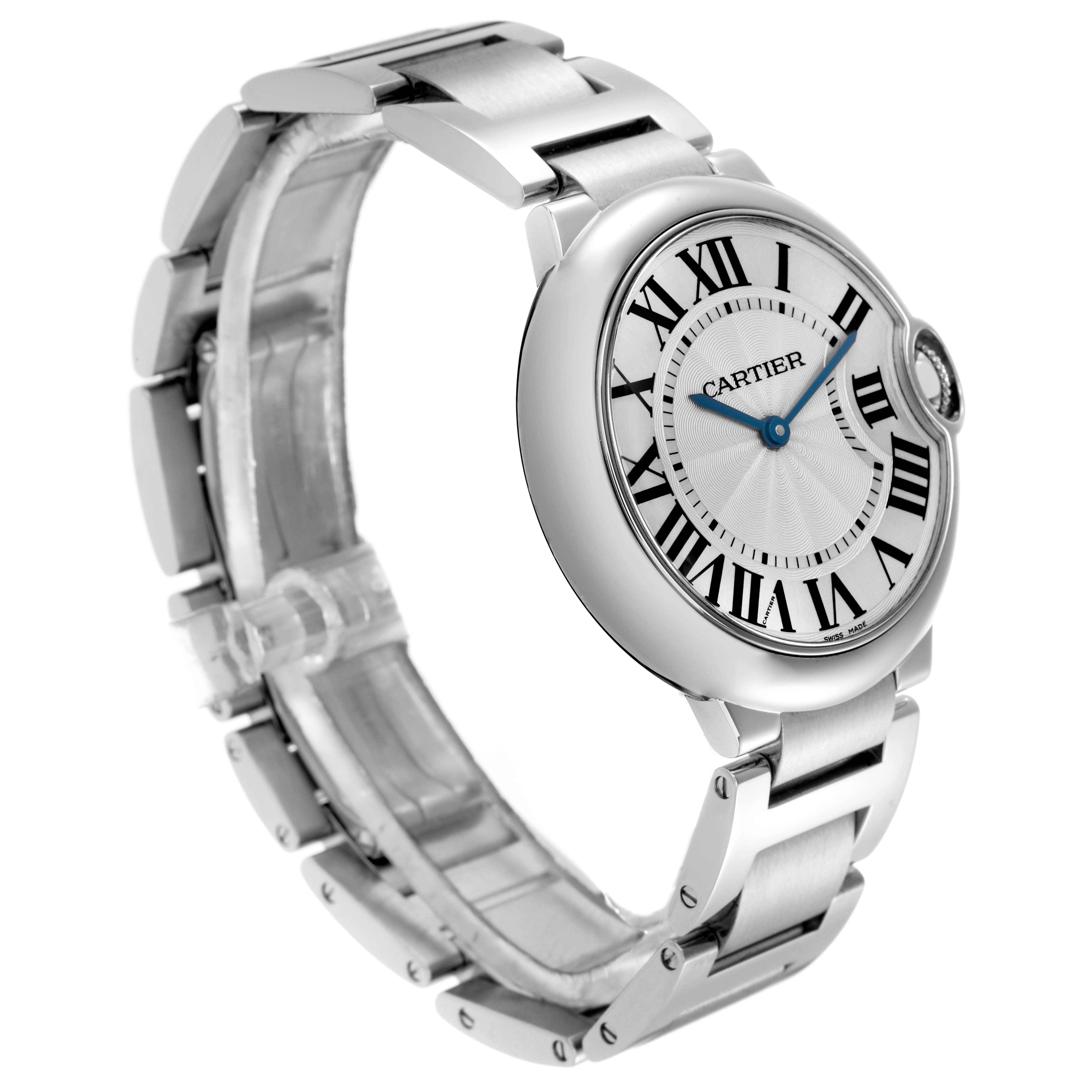 The Cartier Ballon Bleu W69011Z4 Men
s Stainless Steel Silver Dial W69011Z4 Men
s Stainless Steel Silver Dial watch is shown at a three-quarter angle, highlighting the dial, case, and metal bracelet.
