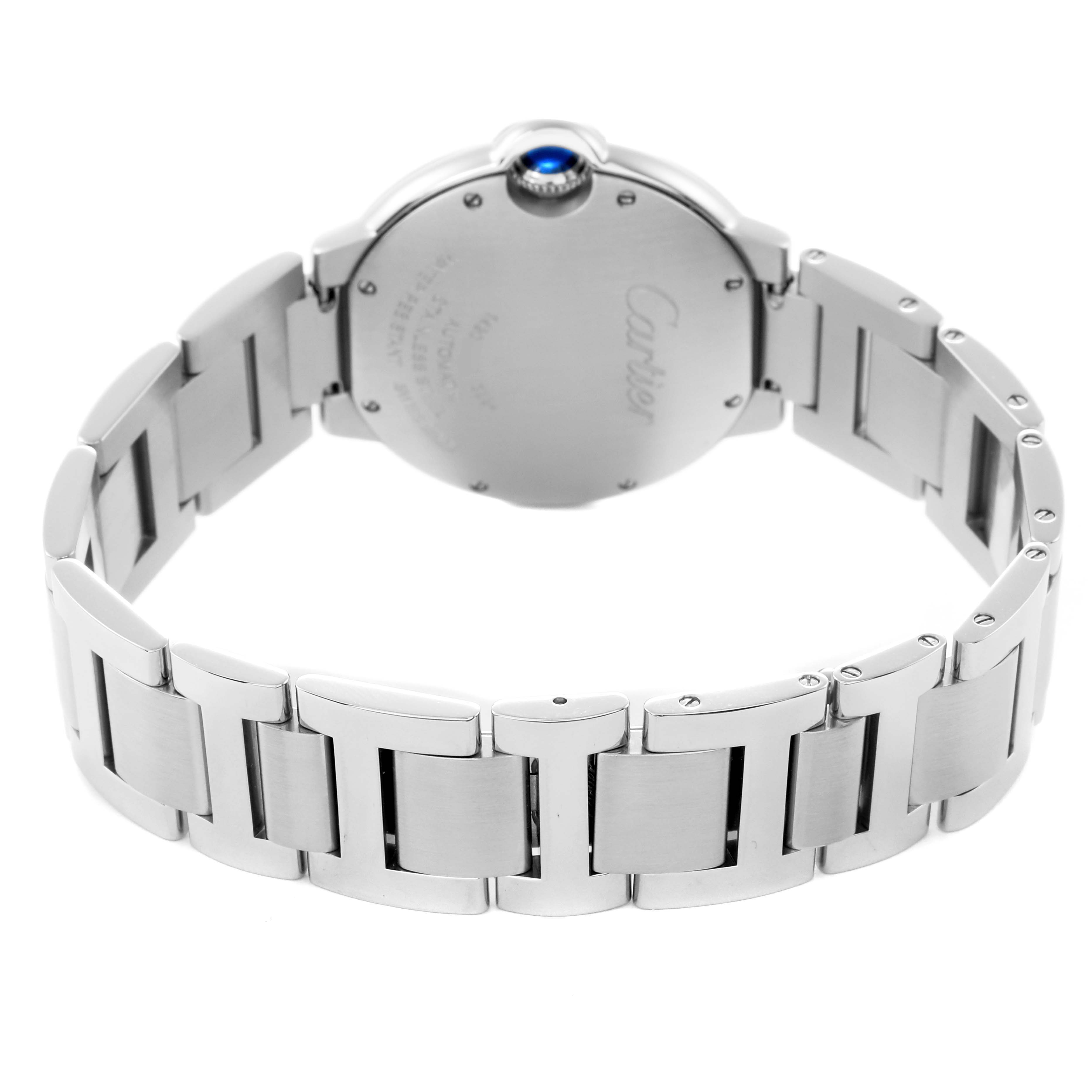 The image shows the back of the Cartier Ballon Bleu W4BB0023 Women
s Stainless Steel Silver Dial W4BB0023 Women
s Stainless Steel Silver Dial watch, highlighting its metal bracelet and blue crown.