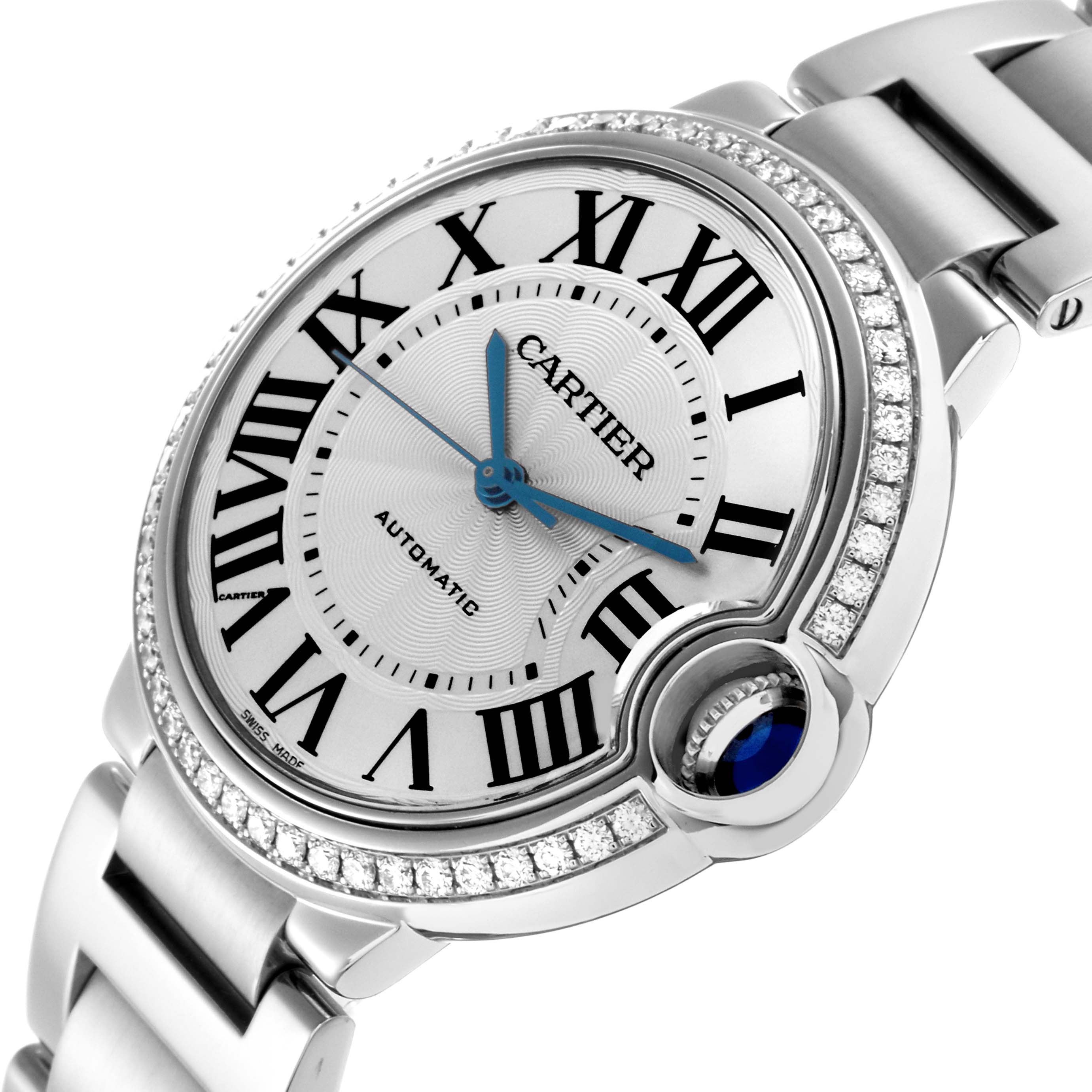 The Ballon Bleu by Cartier is shown at an angled close-up, displaying its face, blue hands, roman numerals, and diamond-set bezel.