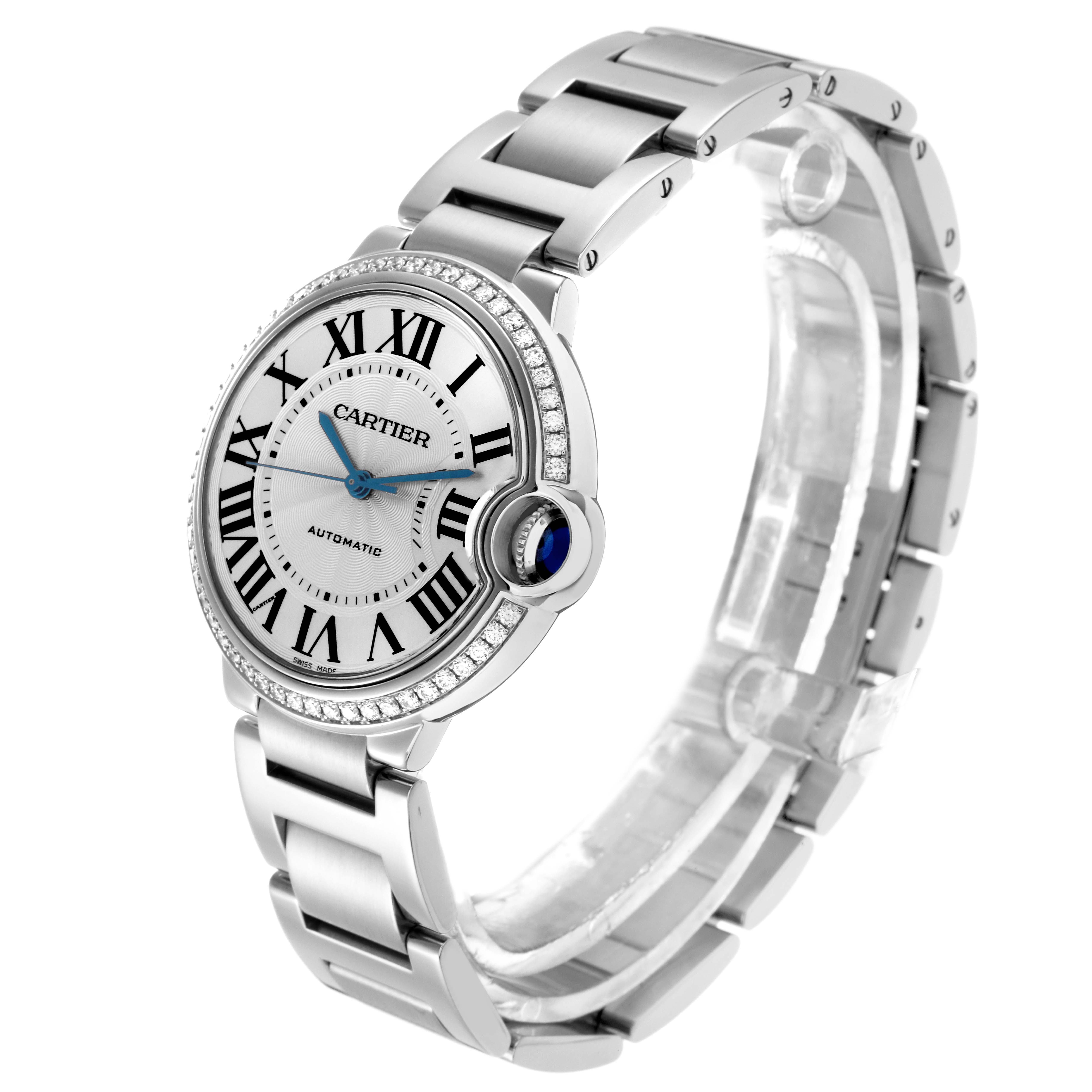 The Cartier Ballon Bleu W4BB0023 Women
s Stainless Steel Silver Dial W4BB0023 Women
s Stainless Steel Silver Dial watch is shown at a three-quarter angle, displaying the face, crown, and bracelet.