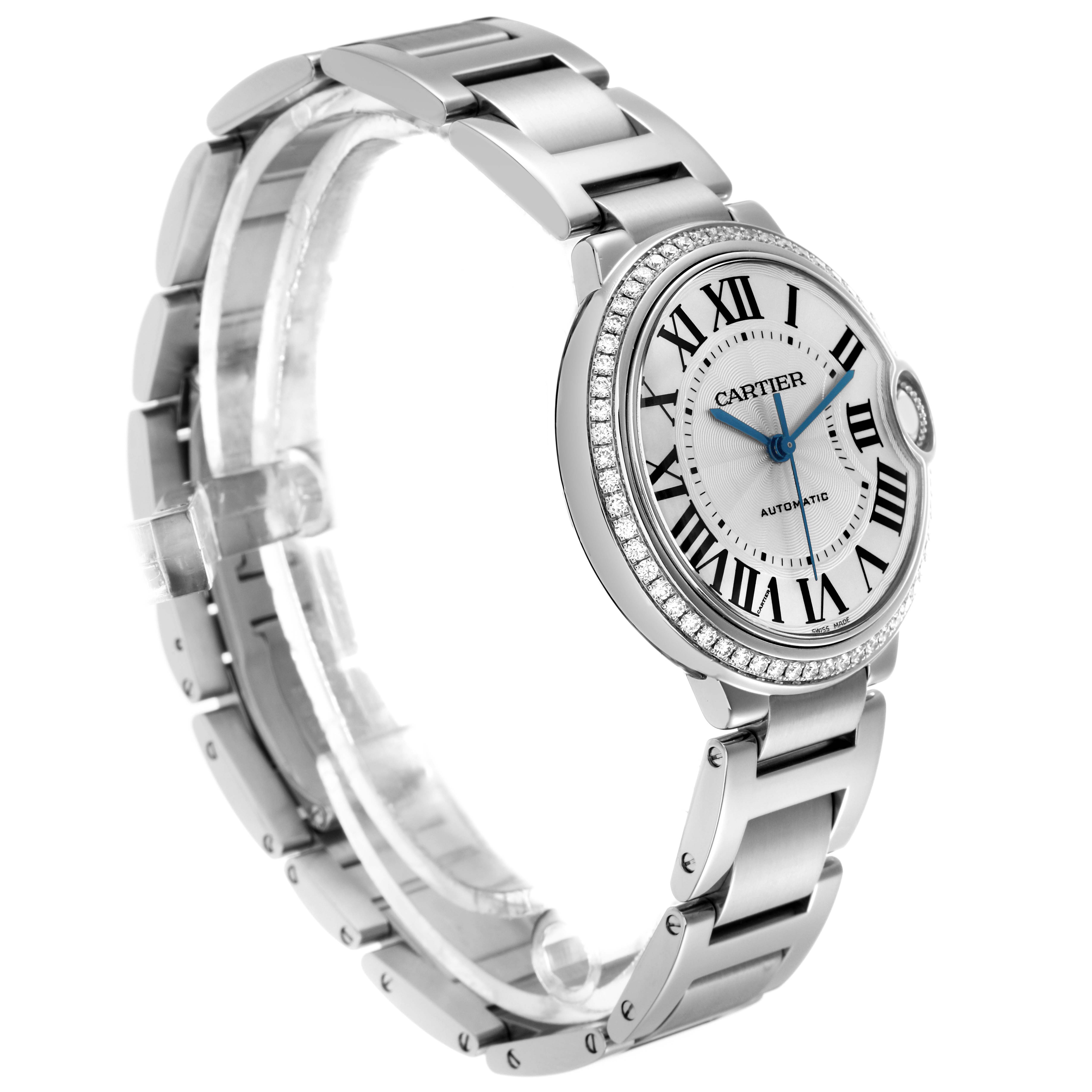The Cartier Ballon Bleu W4BB0023 Women
s Stainless Steel Silver Dial W4BB0023 Women
s Stainless Steel Silver Dial watch is shown at a three-quarter angle, highlighting the face, bracelet, and crown.