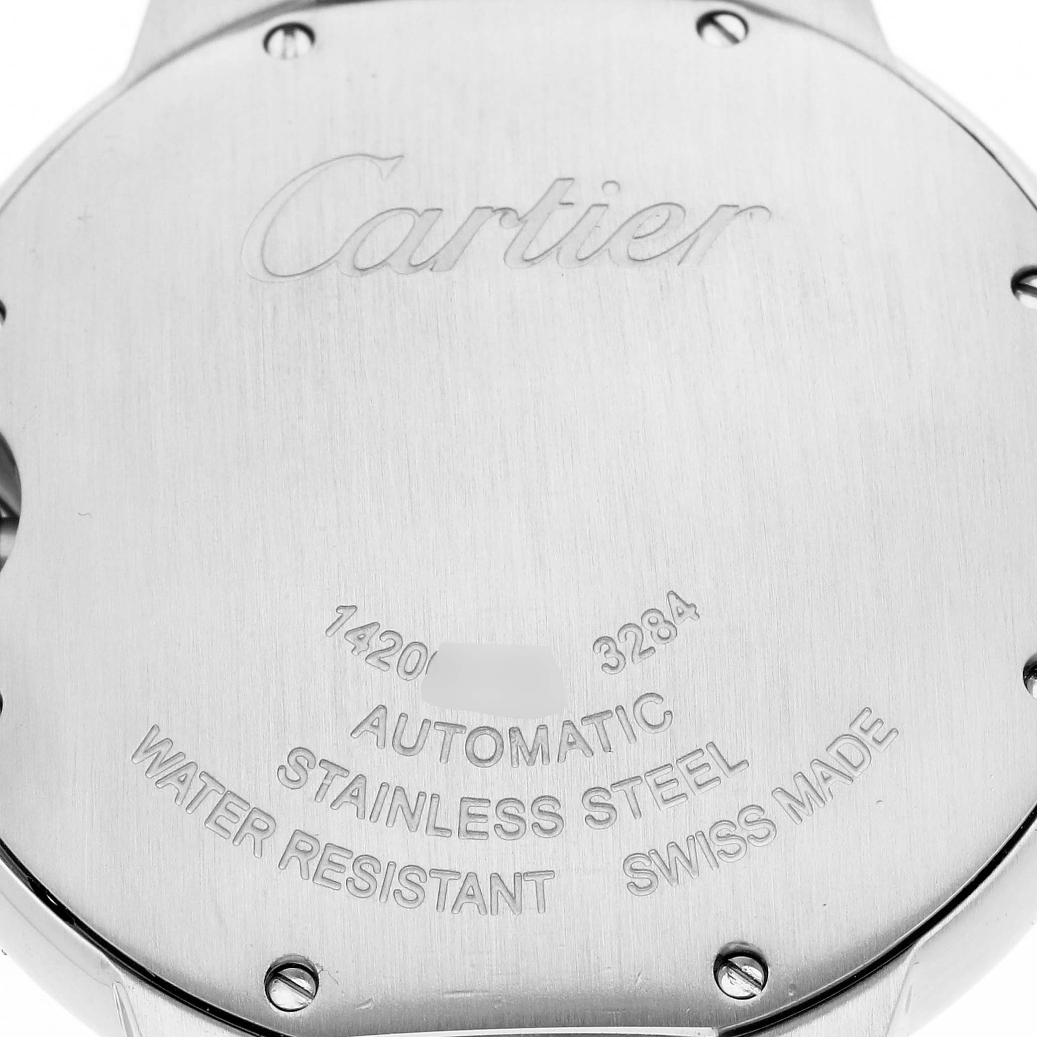 The image shows the back case of the Cartier Ballon Bleu W4BB0023 Women
s Stainless Steel Silver Dial W4BB0023 Women
s Stainless Steel Silver Dial watch, featuring engravings and screws.