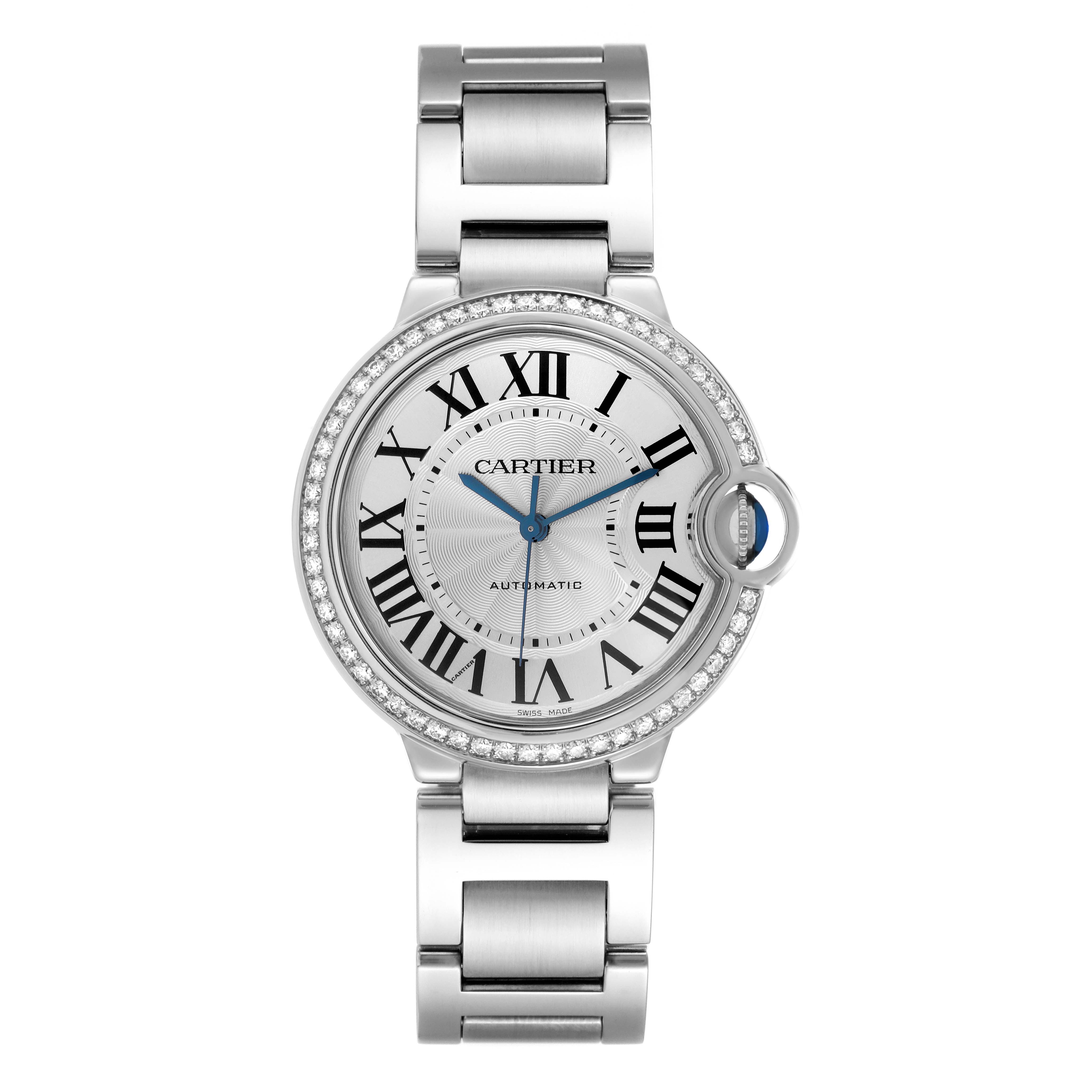 The Ballon Bleu by Cartier is shown from the front, highlighting its face, bracelet, and crown.