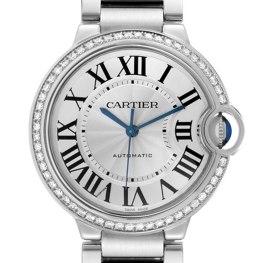 The Cartier Ballon Bleu W4BB0023 Women's Stainless Steel Silver Dial W4BB0023 Women's Stainless Steel Silver Dial watch is shown from the front, highlighting the dial, Roman numerals, and diamond-studded bezel.
