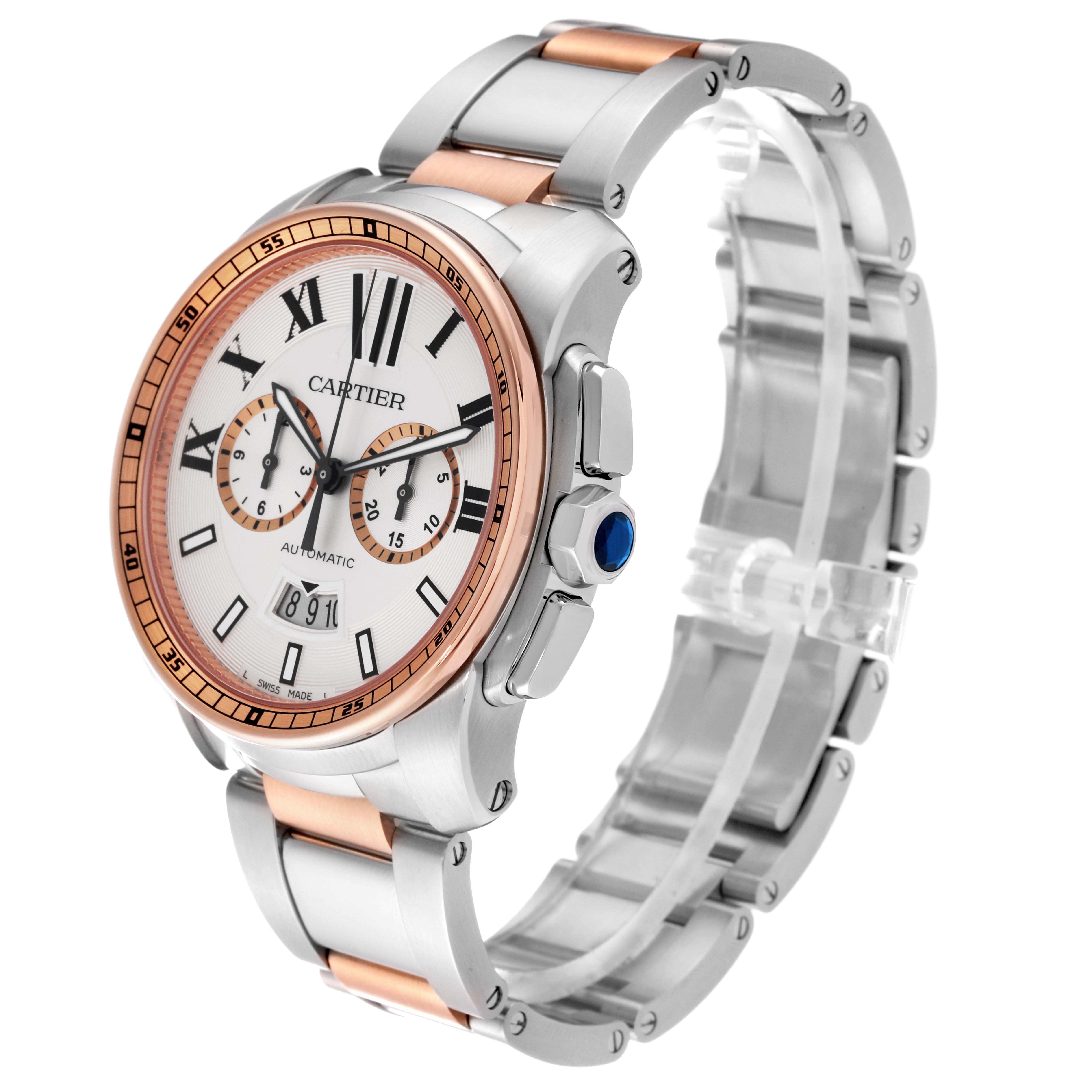 This image shows a side and front angle of a Calibre de Cartier watch by Cartier, highlighting the face, bezel, and bracelet.