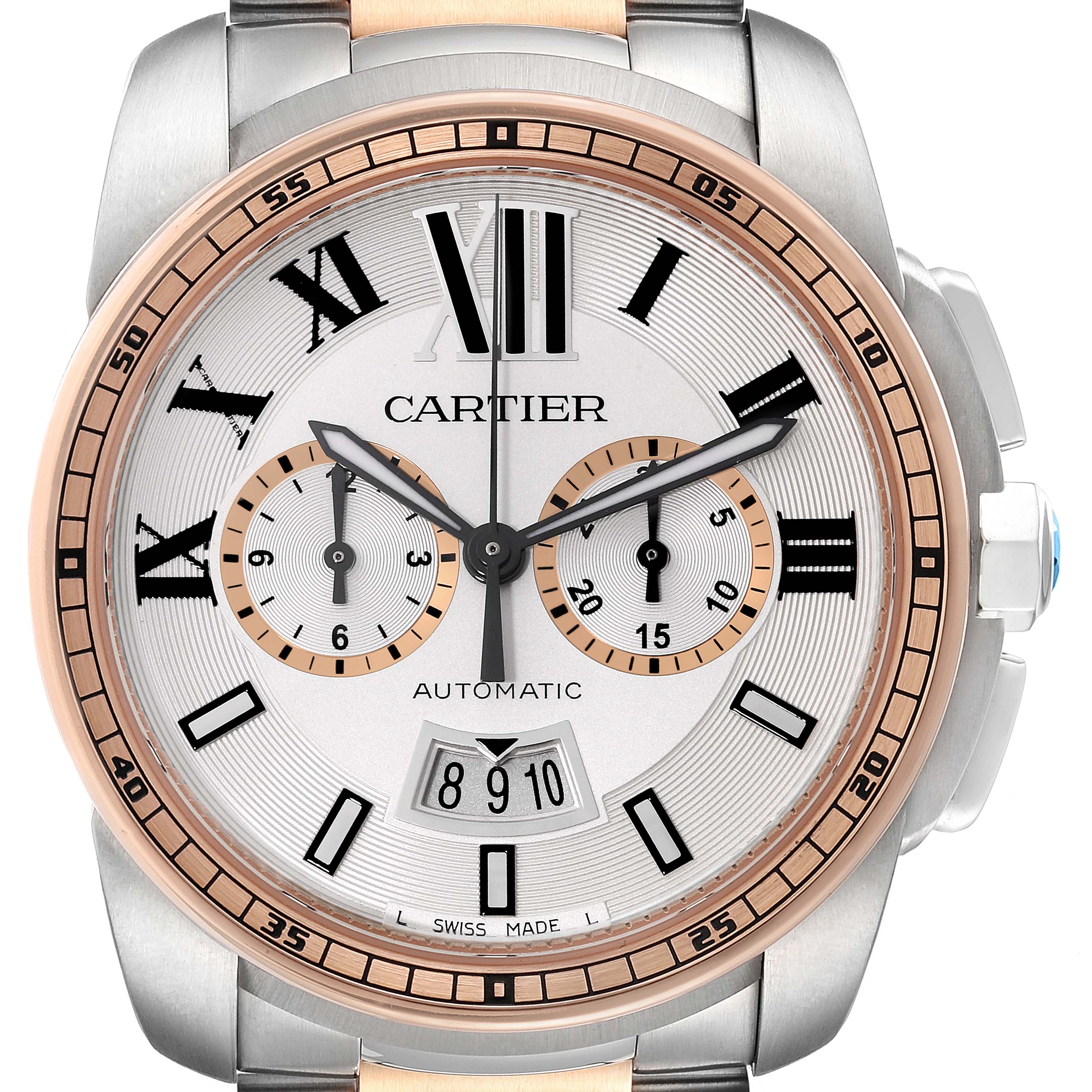 The image shows a full frontal view of the Calibre de Cartier model by Cartier, highlighting the watch's face and bezel.