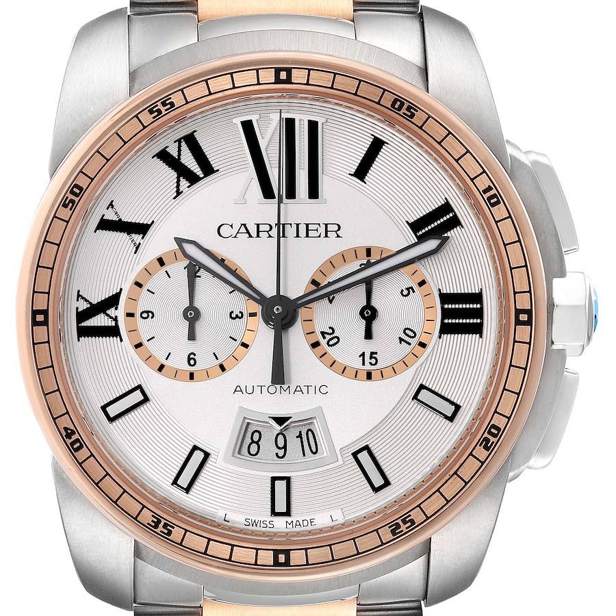 Cartier Calibre Chronograph Steel Rose Gold Mens Watch W7100042 SwissWatchExpo