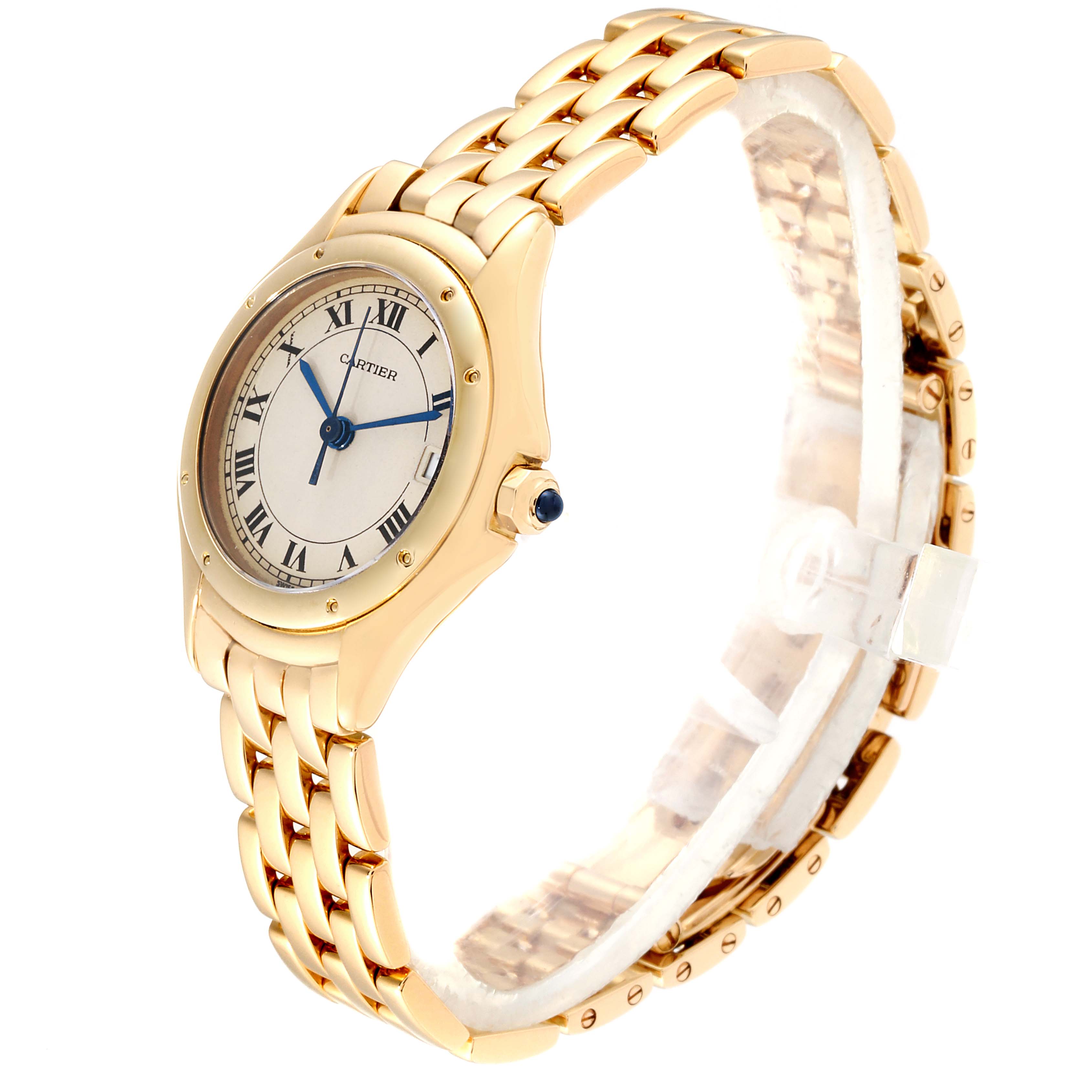 The Cartier Panthère watch is shown at an angled side view, displaying the face, bracelet, and crown.