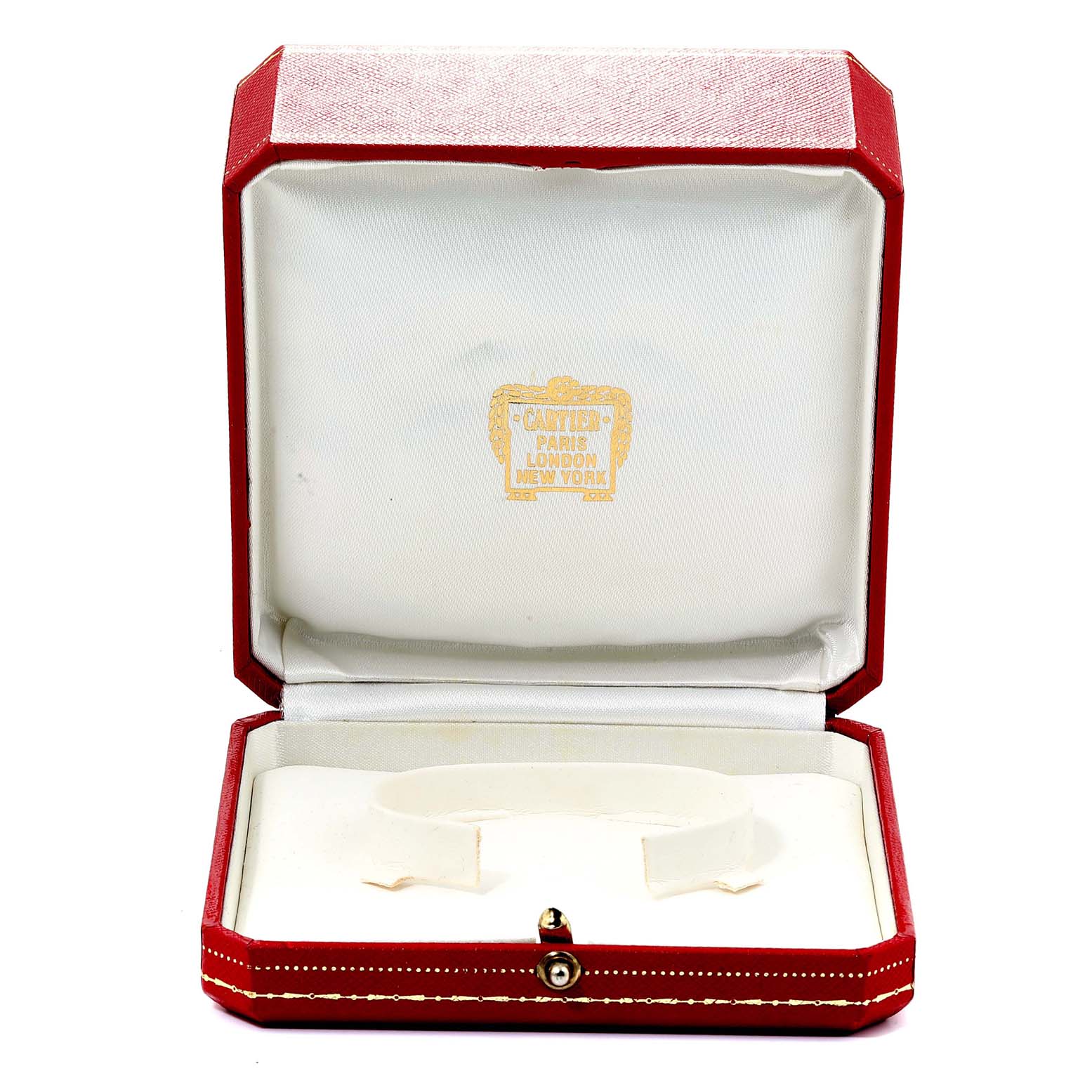 The image shows an open Cartier Panthere 887906 Women's Yellow Gold Silver Dial 887906 Women's Yellow Gold Silver Dial watch box from the front, revealing the interior padding and branding.