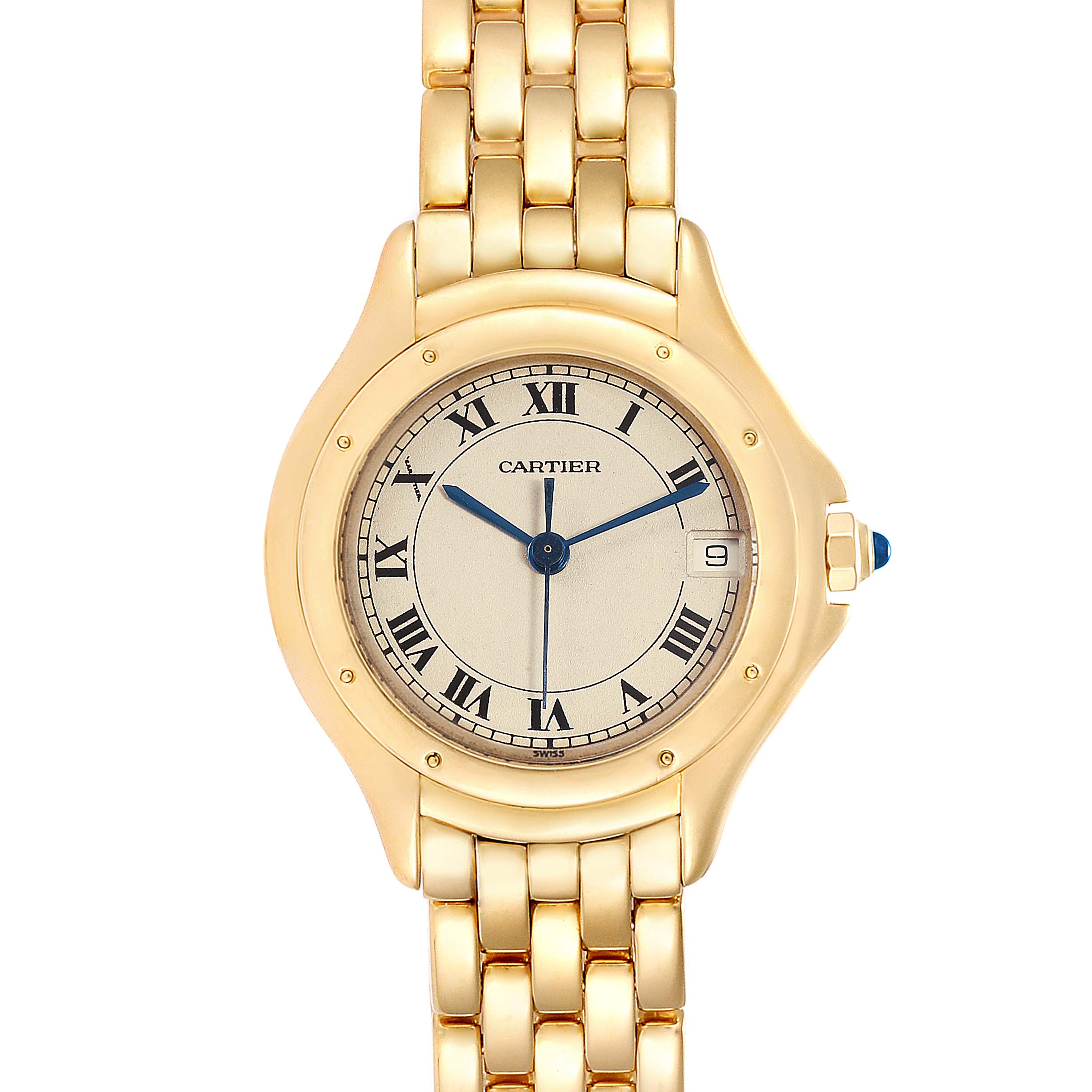 This image shows a frontal view of the Panthere model by Cartier, displaying its dial, bracelet, and case.