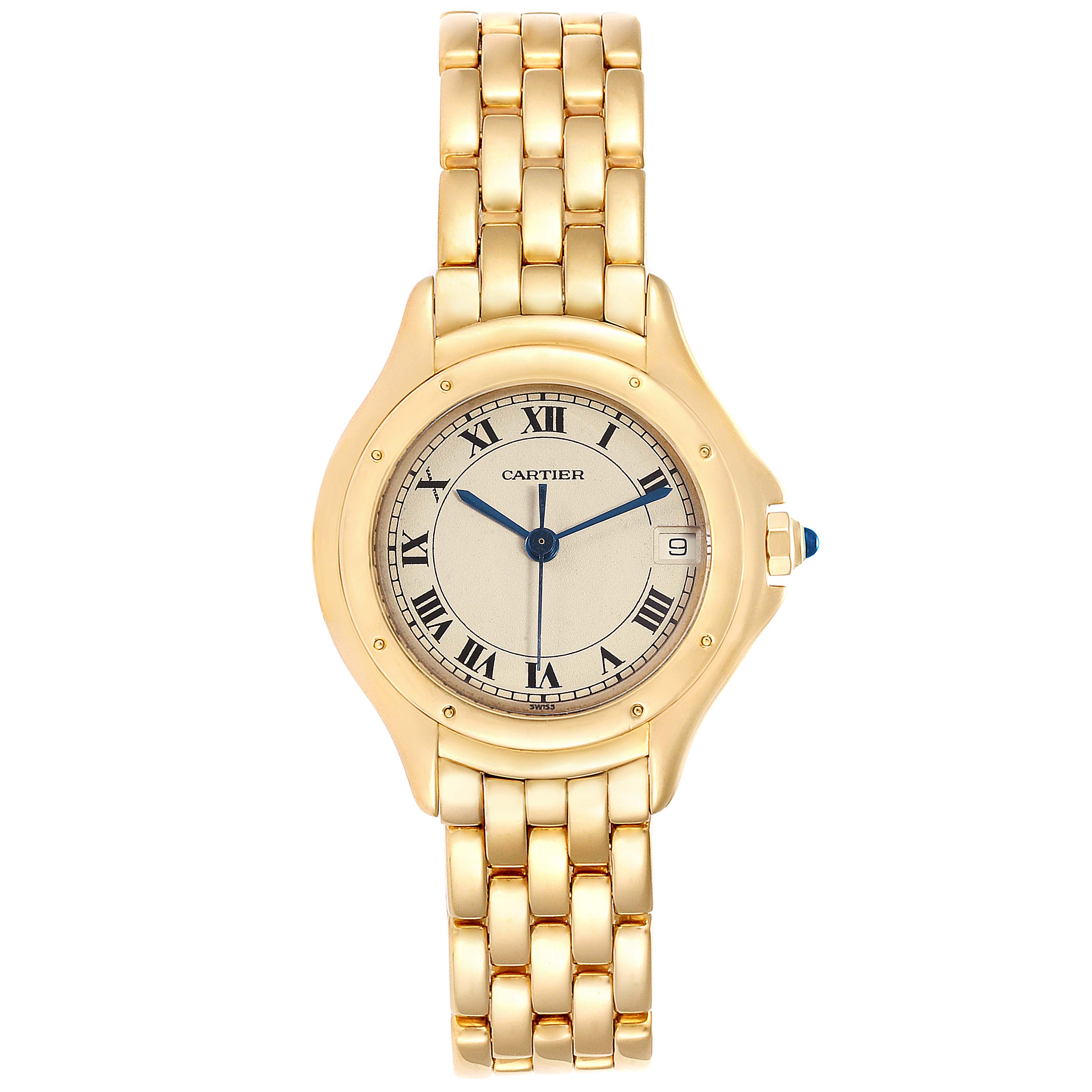 This image shows a front view of the Cartier Panthere 887906 Women's Yellow Gold Silver Dial 887906 Women's Yellow Gold Silver Dial model watch, highlighting its dial, bezel, and bracelet.